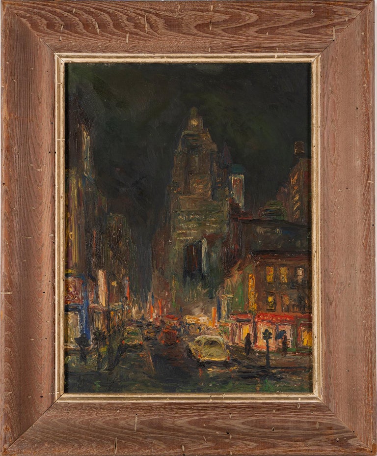 Antique American Impressionist Ashcan School Nocturnal Cityscape Oil Painting - Brown Landscape Painting by Unknown