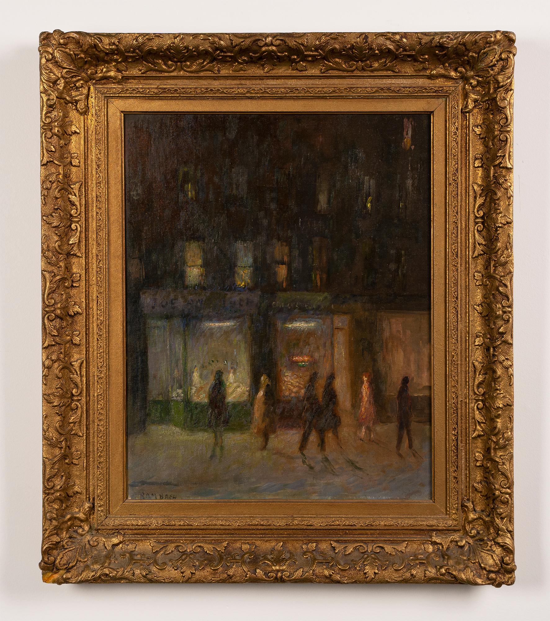 Antique original nocturnal cityscape oil painting.  Oil on board, circa 1920.  Signed illegibly.  Image size, 16.5L x 20.5H.  Housed in a period giltwood frame.
