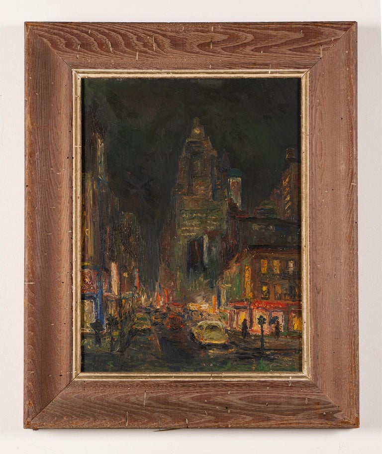 Antique original nocturnal cityscape oil painting.  Oil on board, circa 1920.  Signed illegibly.  Image size, 12L x 16H.  Housed in a period  frame.
