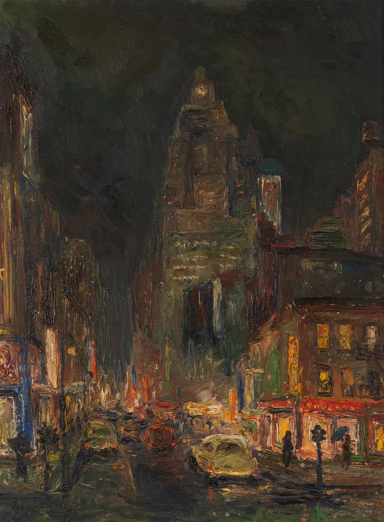 Antique American Impressionist Ashcan School Nocturnal Cityscape Oil Painting For Sale 1