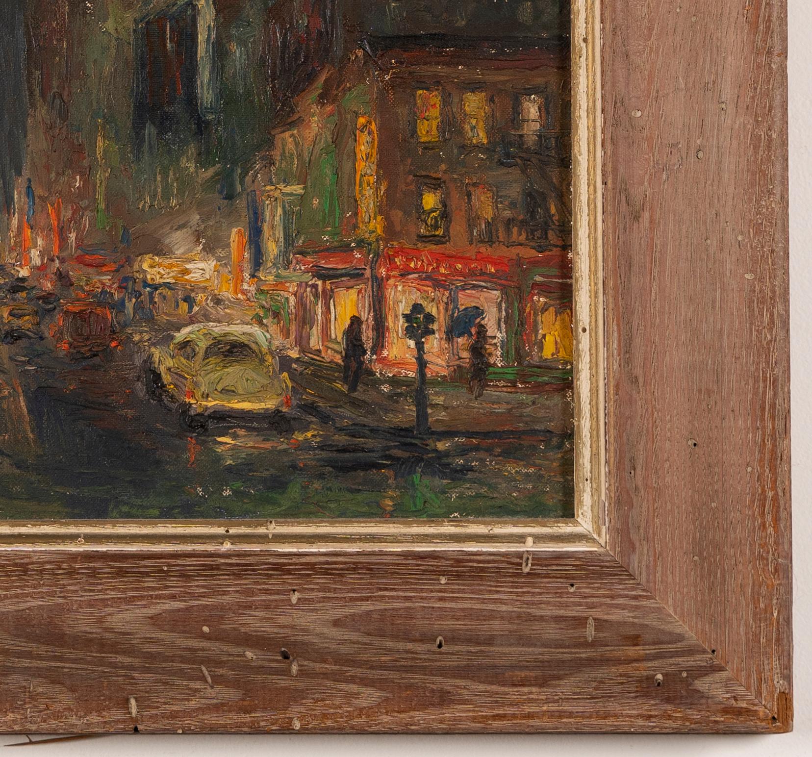 Antique American Impressionist Ashcan School Nocturnal Cityscape Oil Painting - Brown Figurative Painting by Unknown