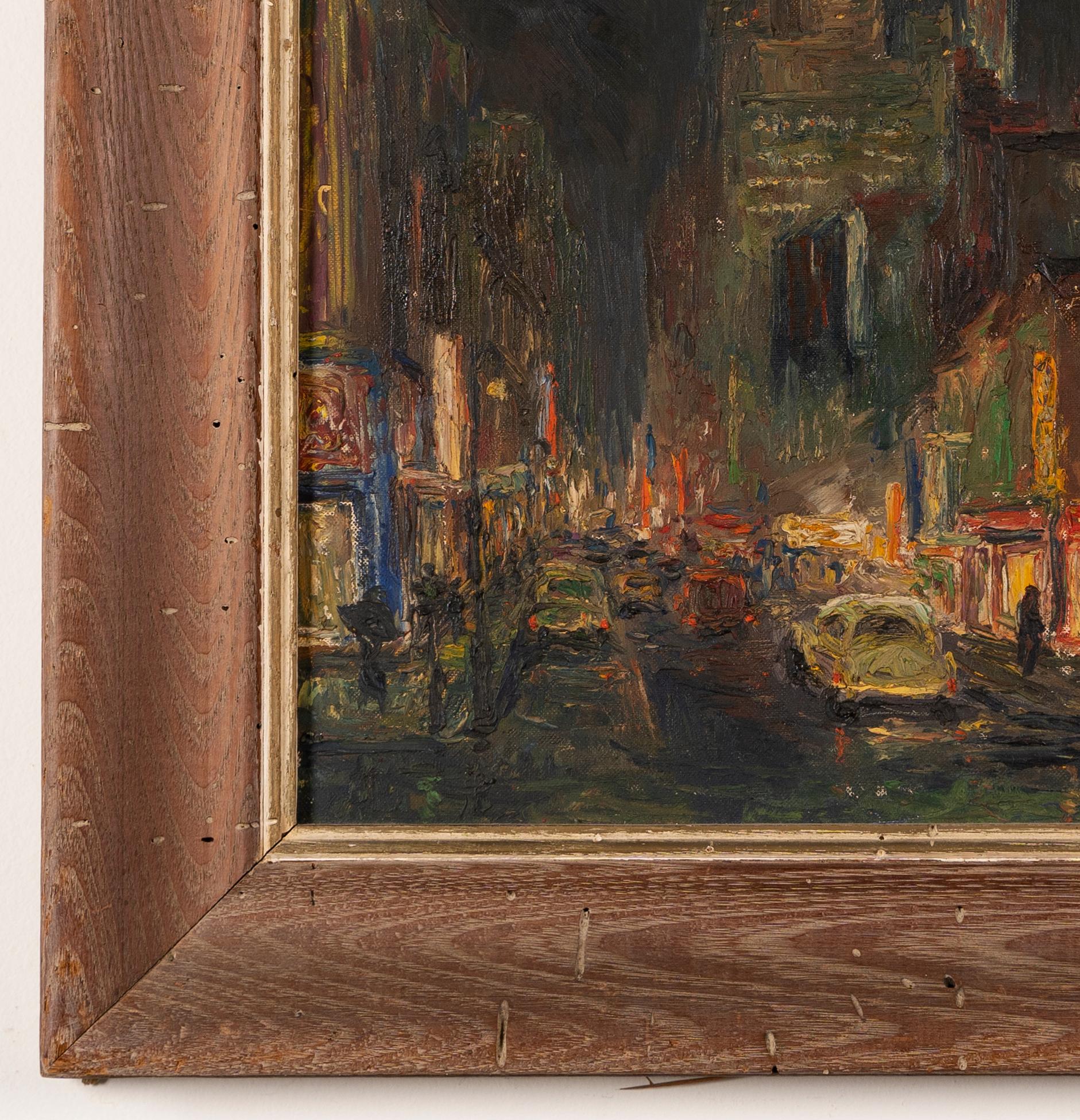 Antique original nocturnal cityscape oil painting.  Oil on board, circa 1920.  Signed illegibly.  Image size, 12L x 16H.  Housed in a period  frame.
