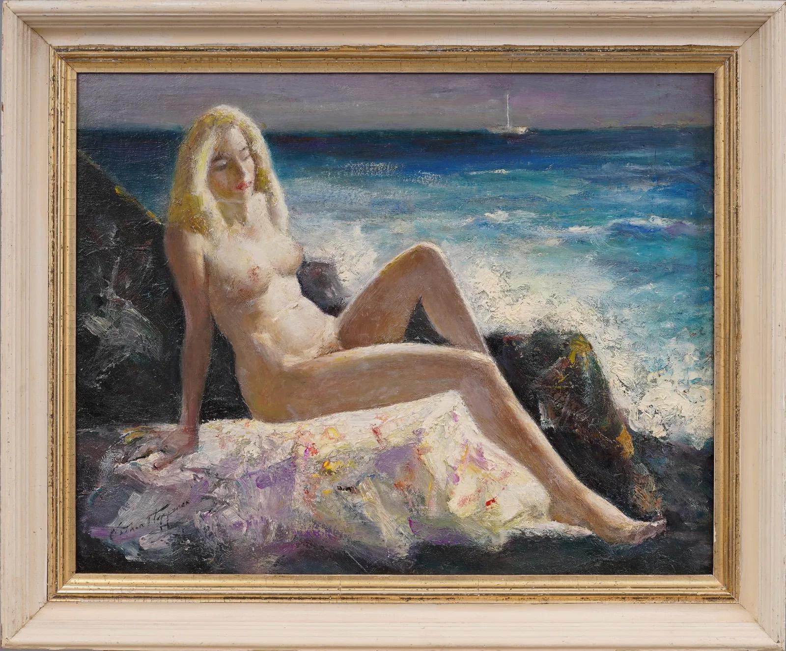 Antique American Impressionist Beach Scene Nude Hamptons Summer Framed Painting - Brown Nude Painting by Unknown