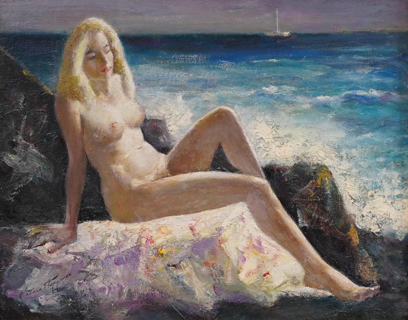 American impressionist nude beach scene oil painting by Nathan Hoffman (1900 - 1979).  Framed.  Oil on board.  Signed.  Image size, 16H by 20L.