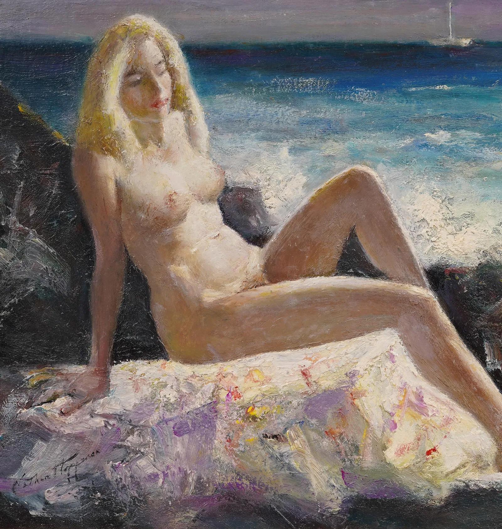 Antique American Impressionist Beach Scene Nude Hamptons Summer Framed Painting For Sale 1
