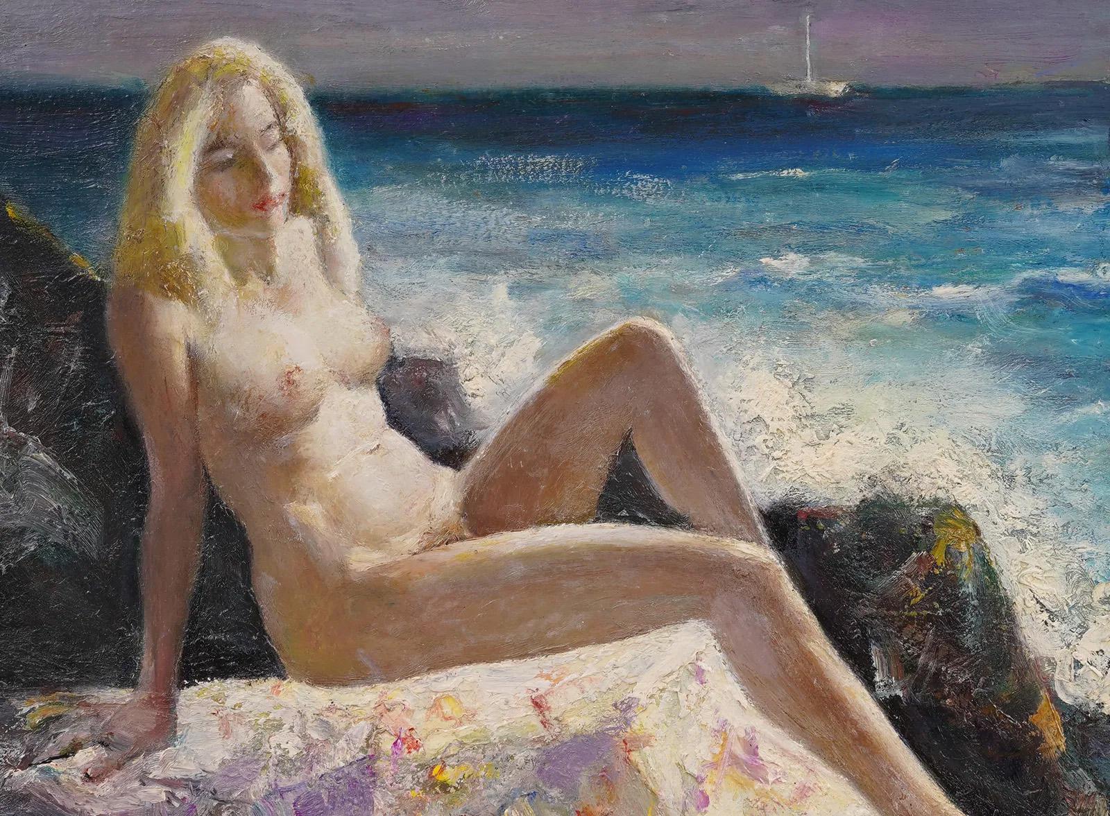 Antique American Impressionist Beach Scene Nude Hamptons Summer Framed Painting For Sale 2