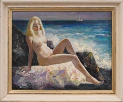 Pintura Antigua Impresionista Americana Escena de Playa Desnudo Hamptons Verano Enmarcada