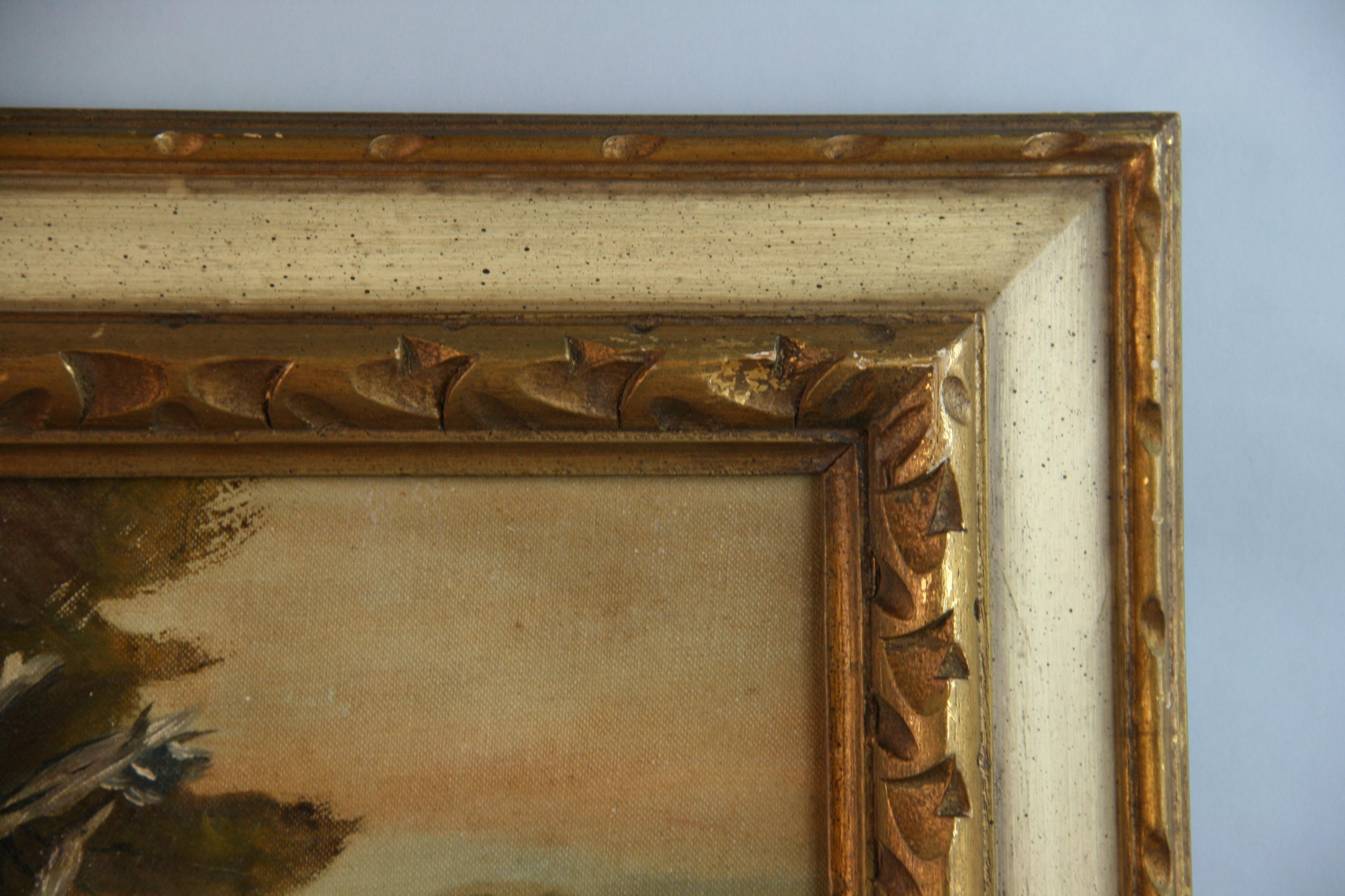 4034 Huile impressionniste ancienne sur carton d'artiste 
Dans un cadre vintage en bois sculpté, taille de l'image 11.5x9.5