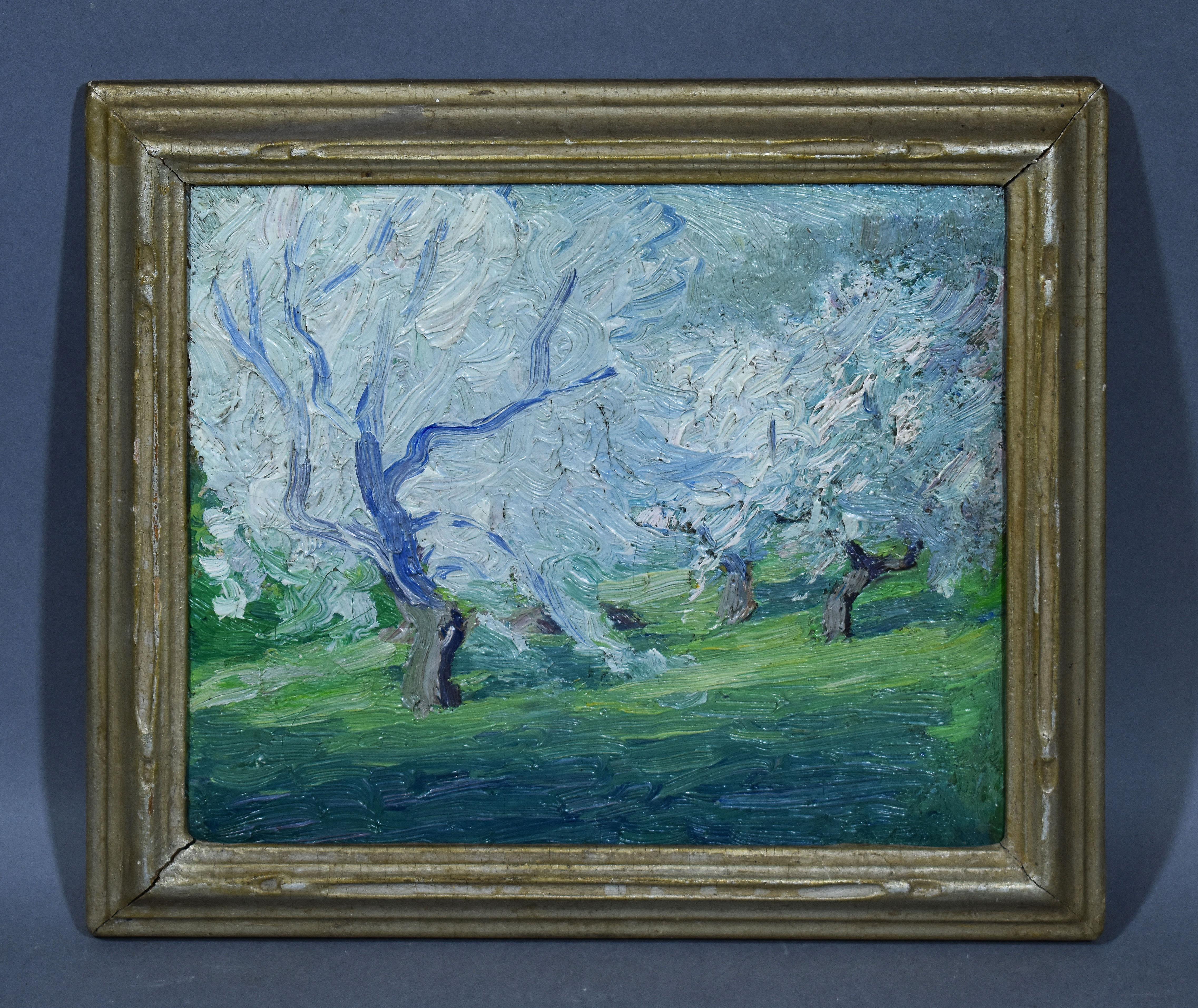 Antique American Impressionist Blossom Tree Thick Impasto Original Oil Painting - Gray Landscape Painting by Unknown