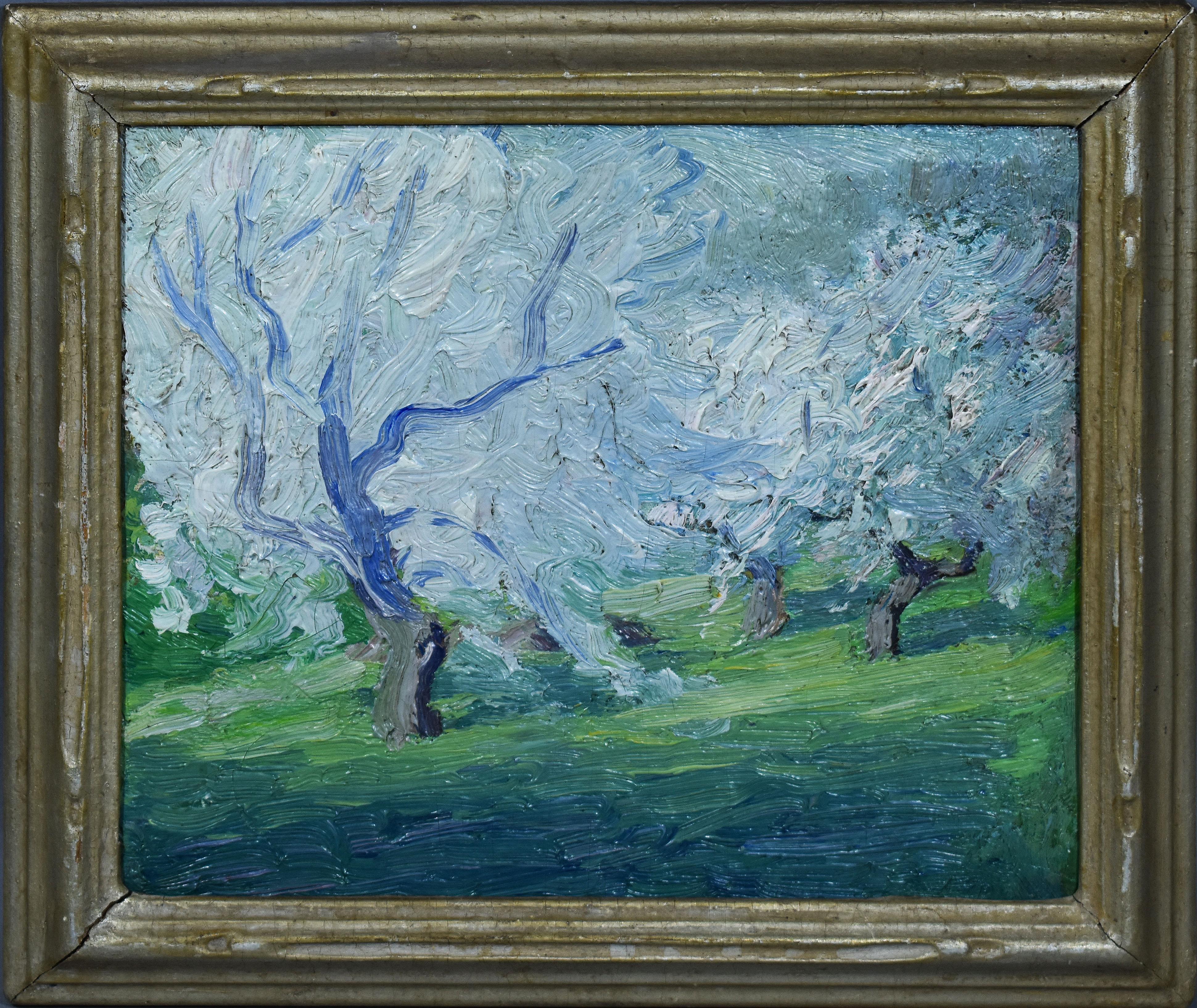 Unknown Landscape Painting - Antique American Impressionist Blossom Tree Thick Impasto Original Oil Painting