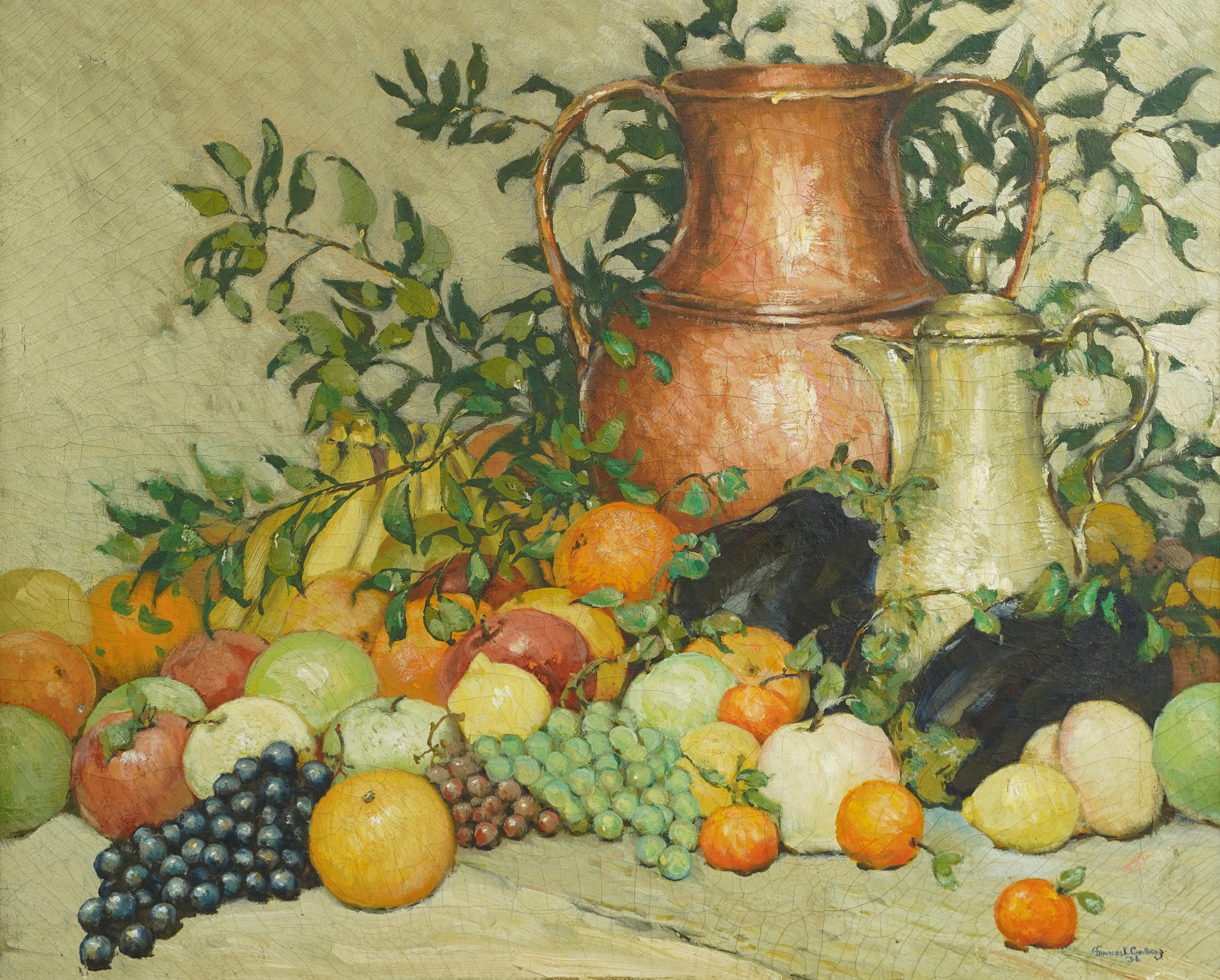 Antique American Impressionist Bountiful Fruit Still Life Exhibited Oil Painting 1