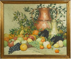 Antique American Impressionist Bountiful Fruit Still Life Exhibited Oil Painting