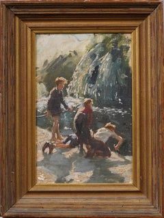 Antique American Impressionist Boys Fishing Under Waterfall Framed Oil Painting