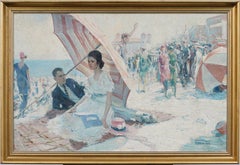 Antike amerikanische Impressionist Bustling Summer Day am Strand Ölgemälde