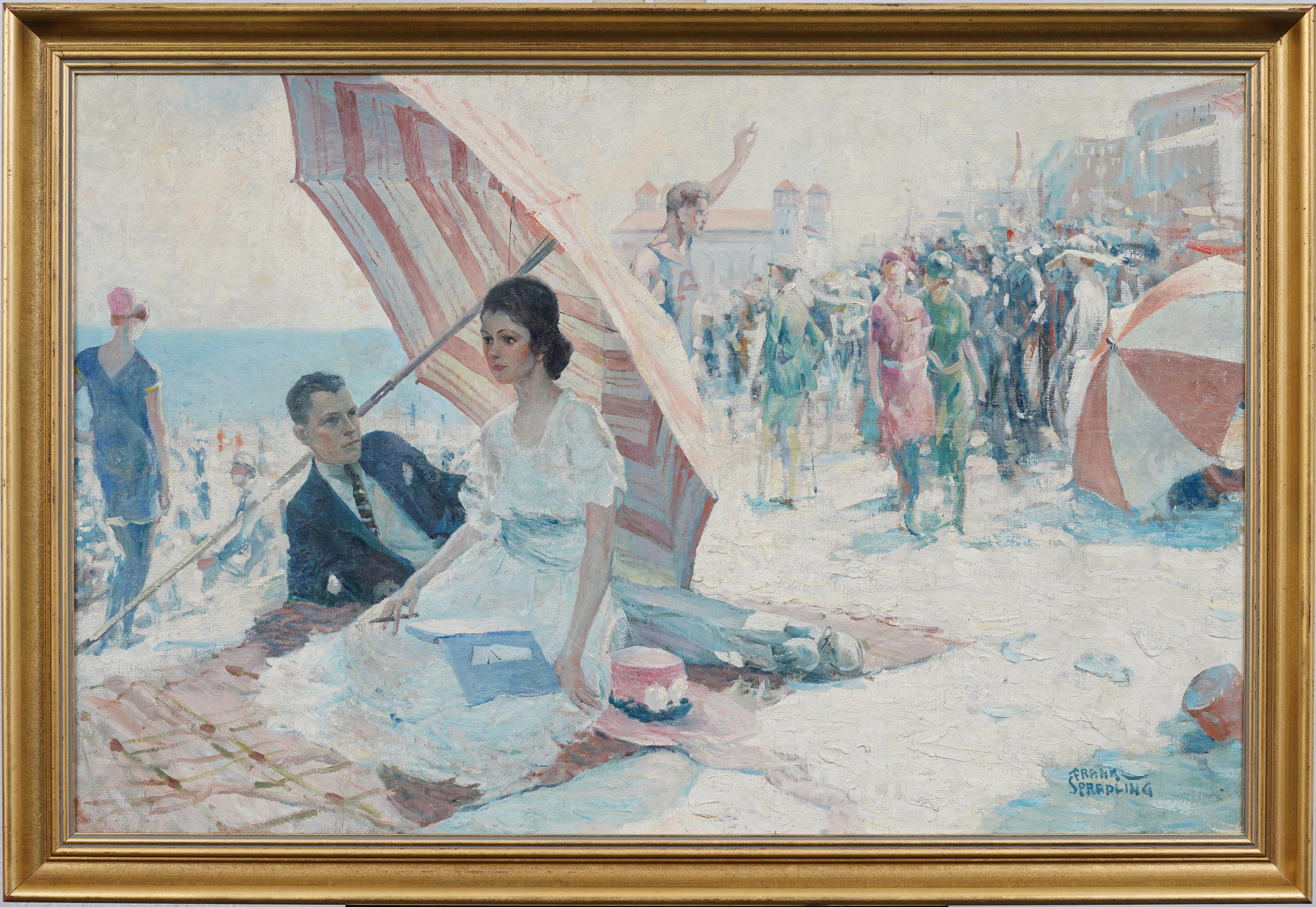 Unknown Landscape Painting – Antike amerikanische Impressionist Bustling Summer Day am Strand Ölgemälde