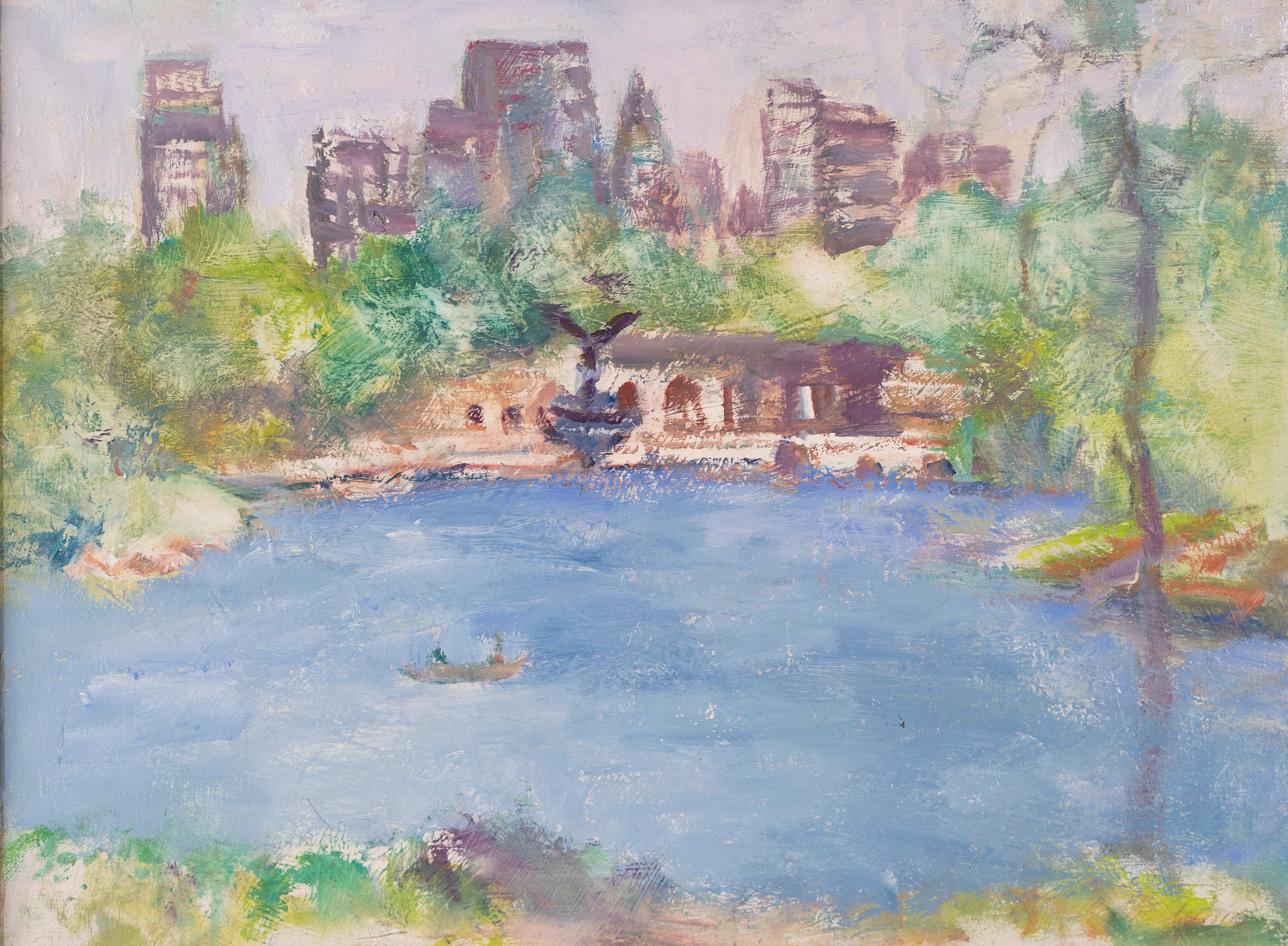 Vintage American modernist painting of central park.  Oil on canvas, circa 1950.  Signed.  Framed.  Image size, 24