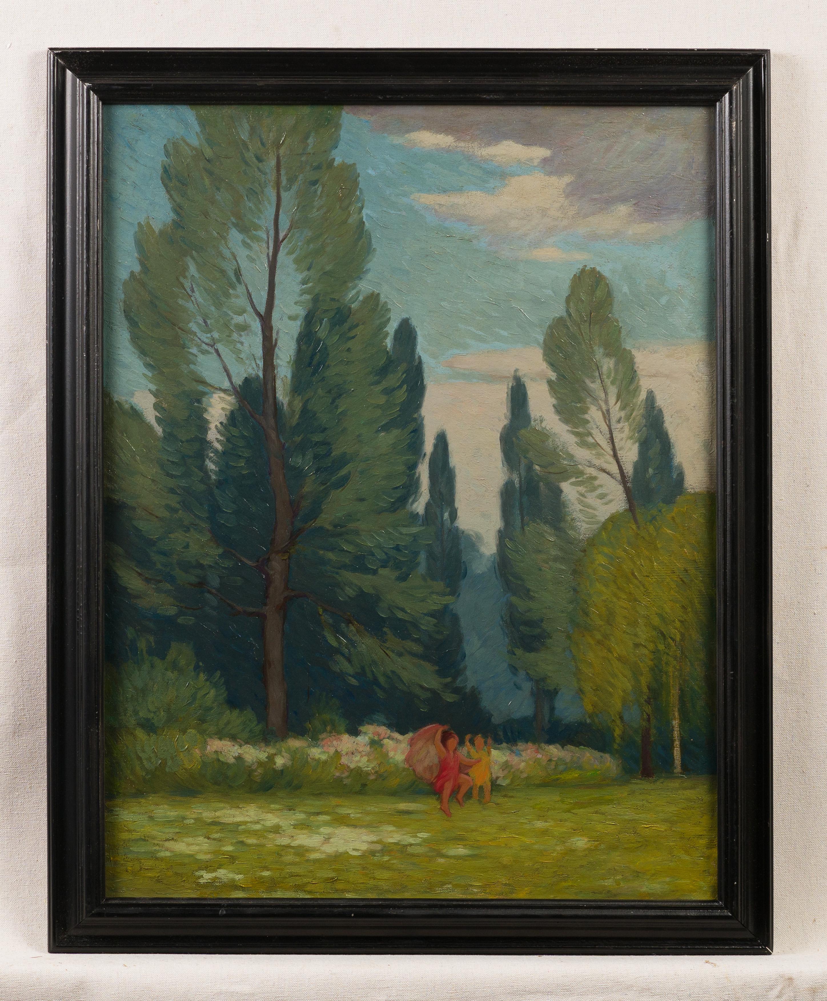Antique American Impressionist Children Playing Forest Landscape Oil Painting For Sale 1