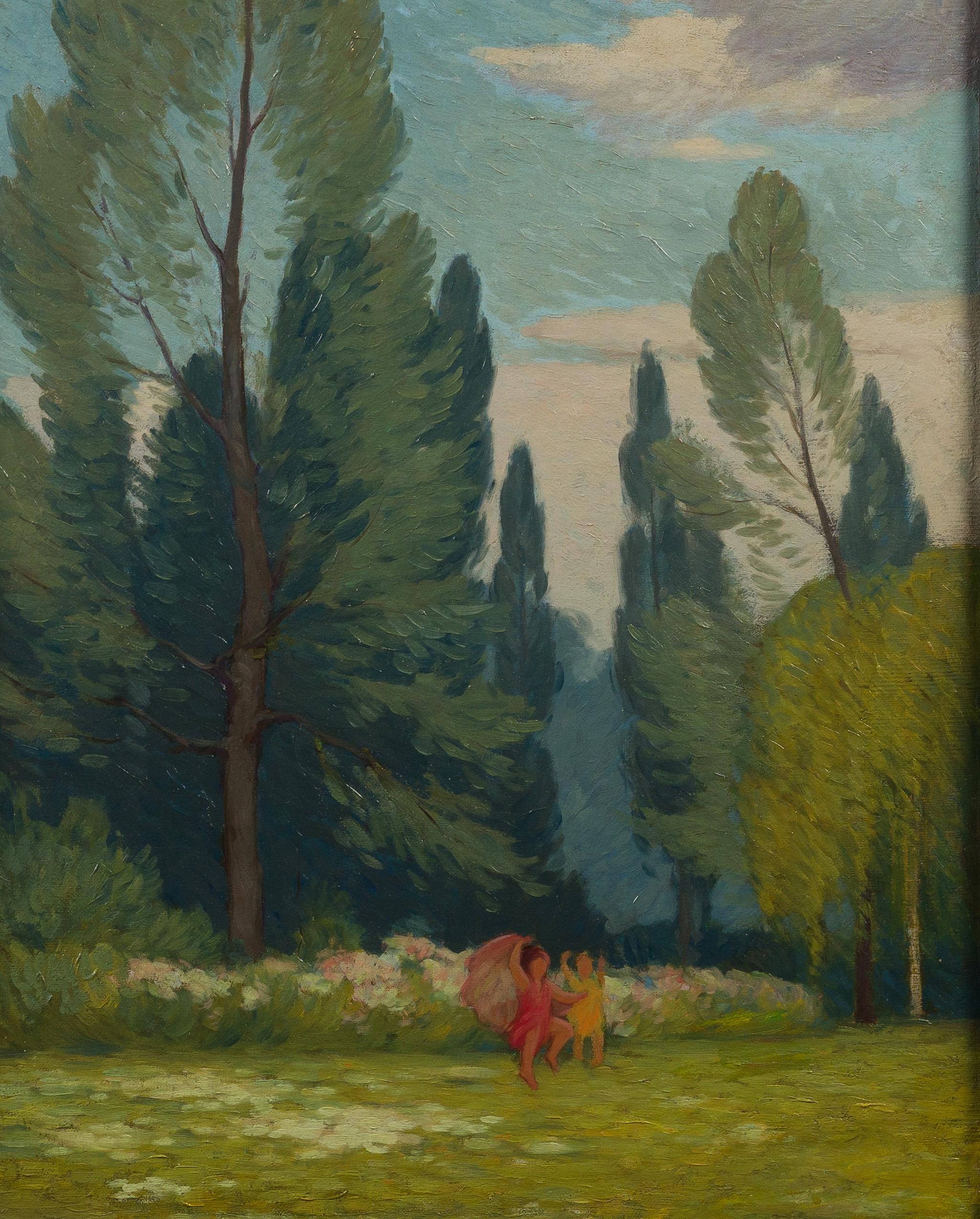Antique American Impressionist Children Playing Forest Landscape Oil Painting For Sale 3