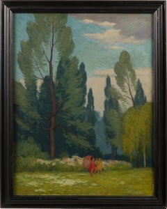 Antico dipinto ad olio impressionista americano con bambini che giocano nella foresta