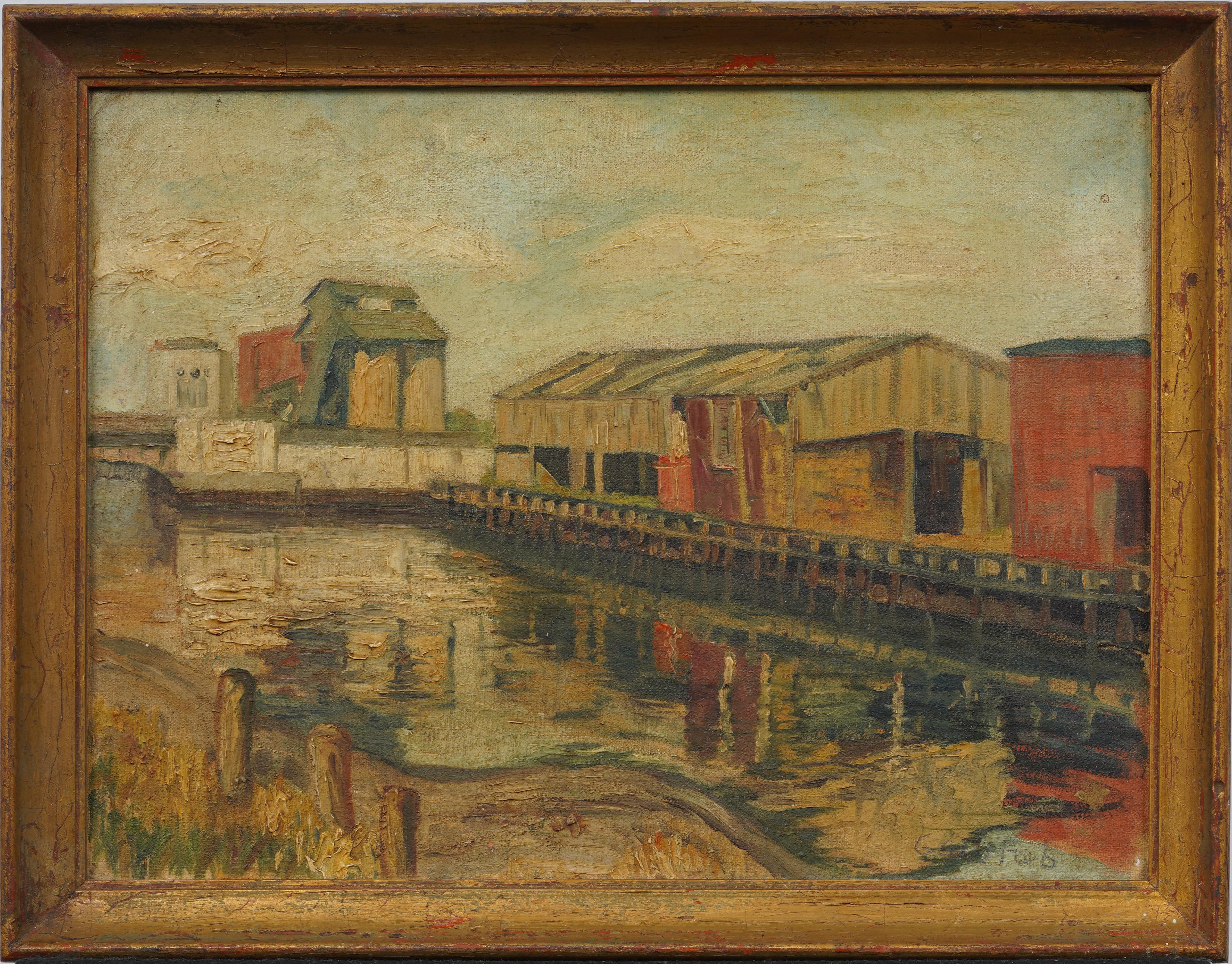Unknown Landscape Painting – Antike amerikanische Impressionist Coastal Dock Landschaft Original Ölgemälde