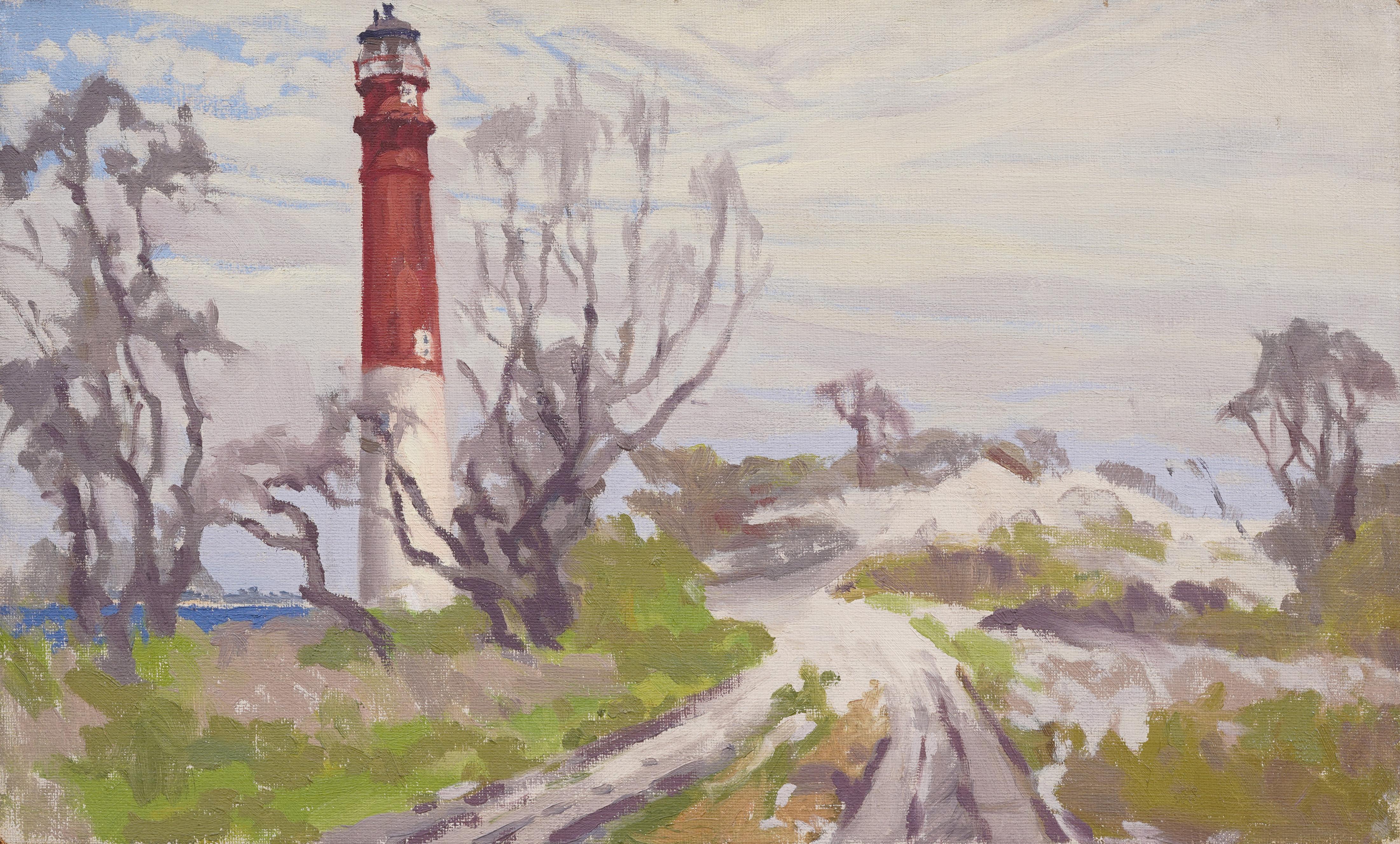 Ancienne peinture à l'huile impressionniste américaine, encadrée d'une vue de phare côtier - Impressionnisme Painting par Unknown