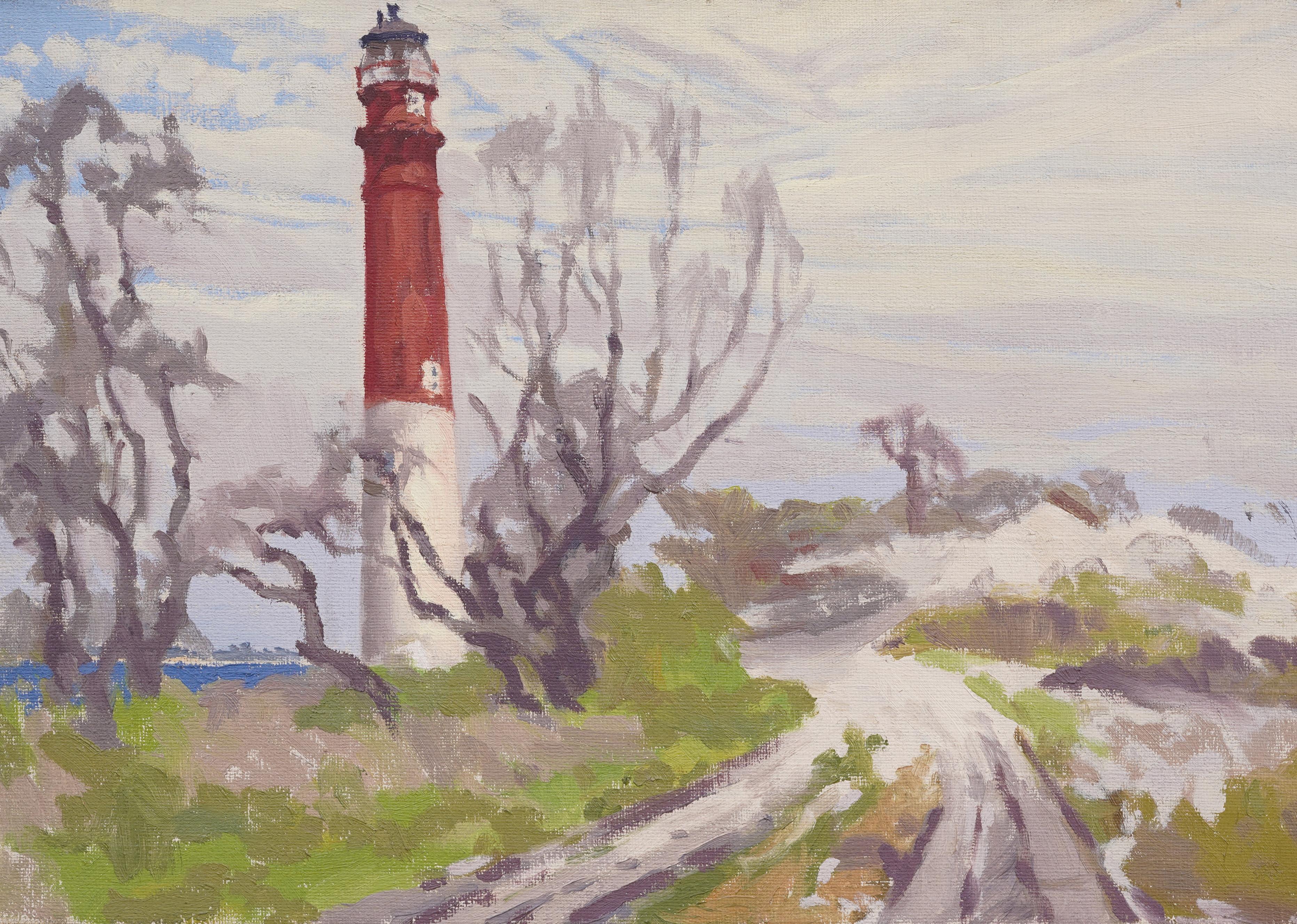 Vue côtière impressionniste joliment peinte avec un phare.  Huile sur toile.  Encadré.  Aucune signature n'a été trouvée.