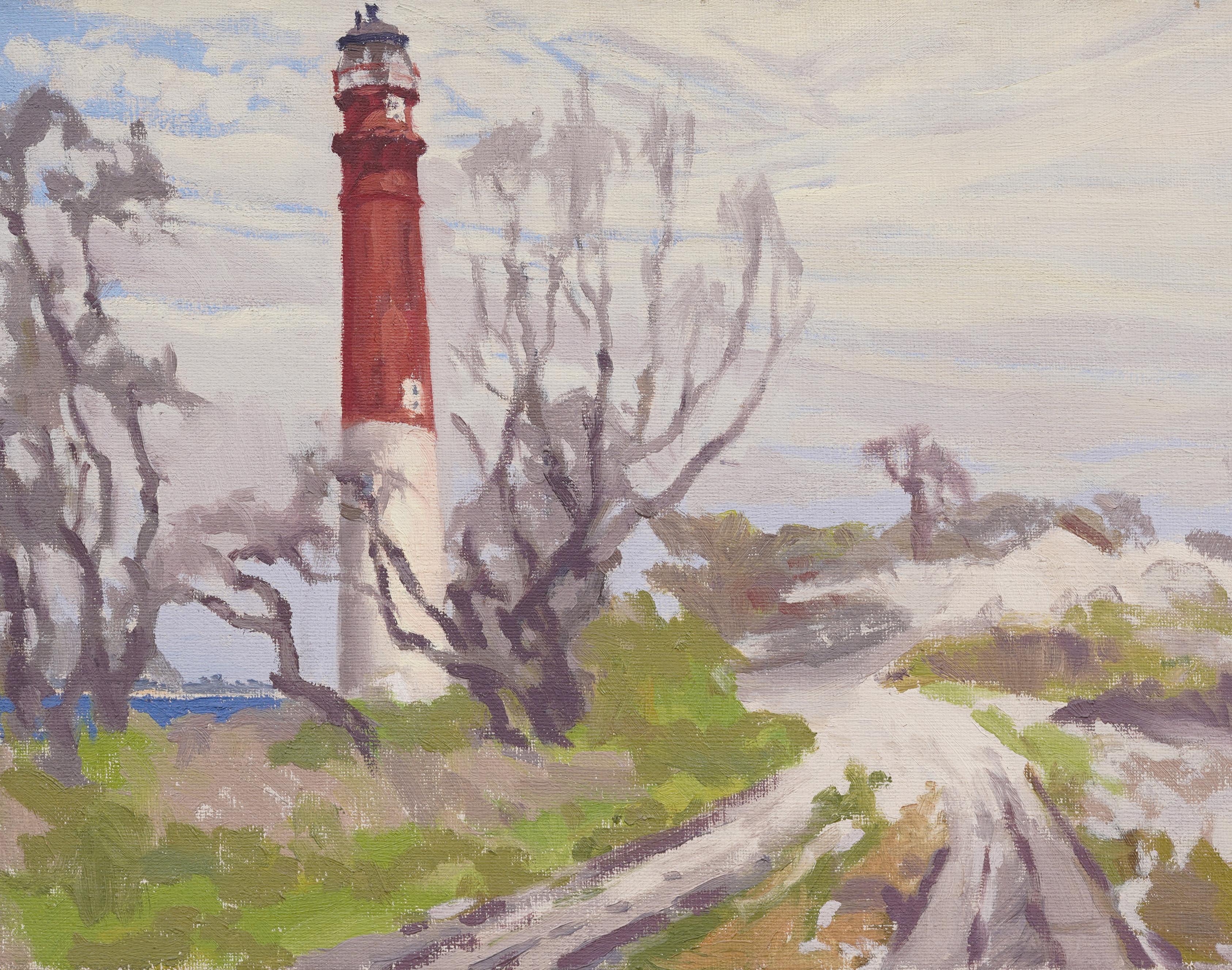 Ancienne peinture à l'huile impressionniste américaine, encadrée d'une vue de phare côtier en vente 1