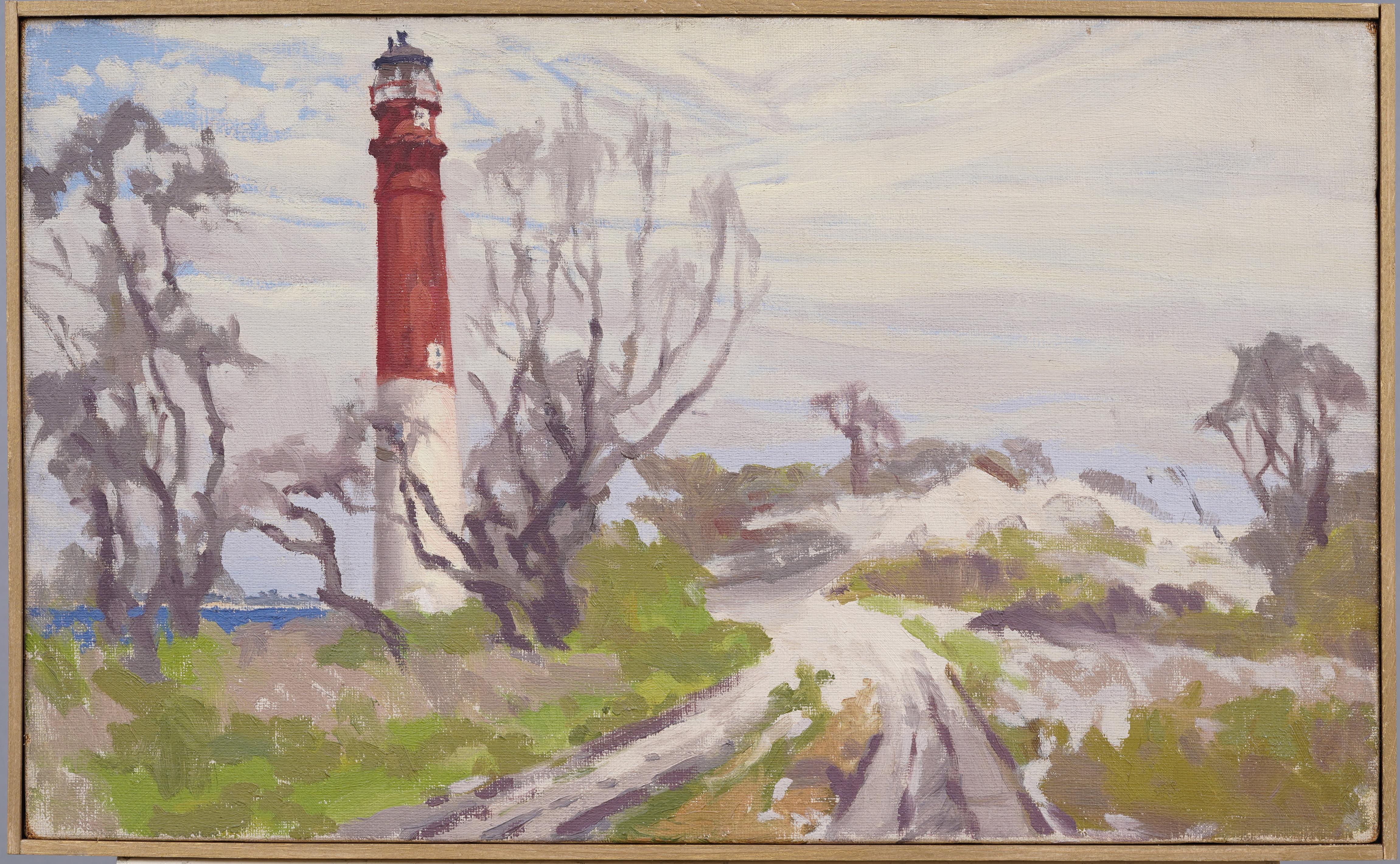 Landscape Painting Unknown - Ancienne peinture à l'huile impressionniste américaine, encadrée d'une vue de phare côtier