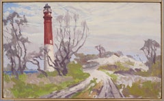 Ancienne peinture à l'huile impressionniste américaine, encadrée d'une vue de phare côtier