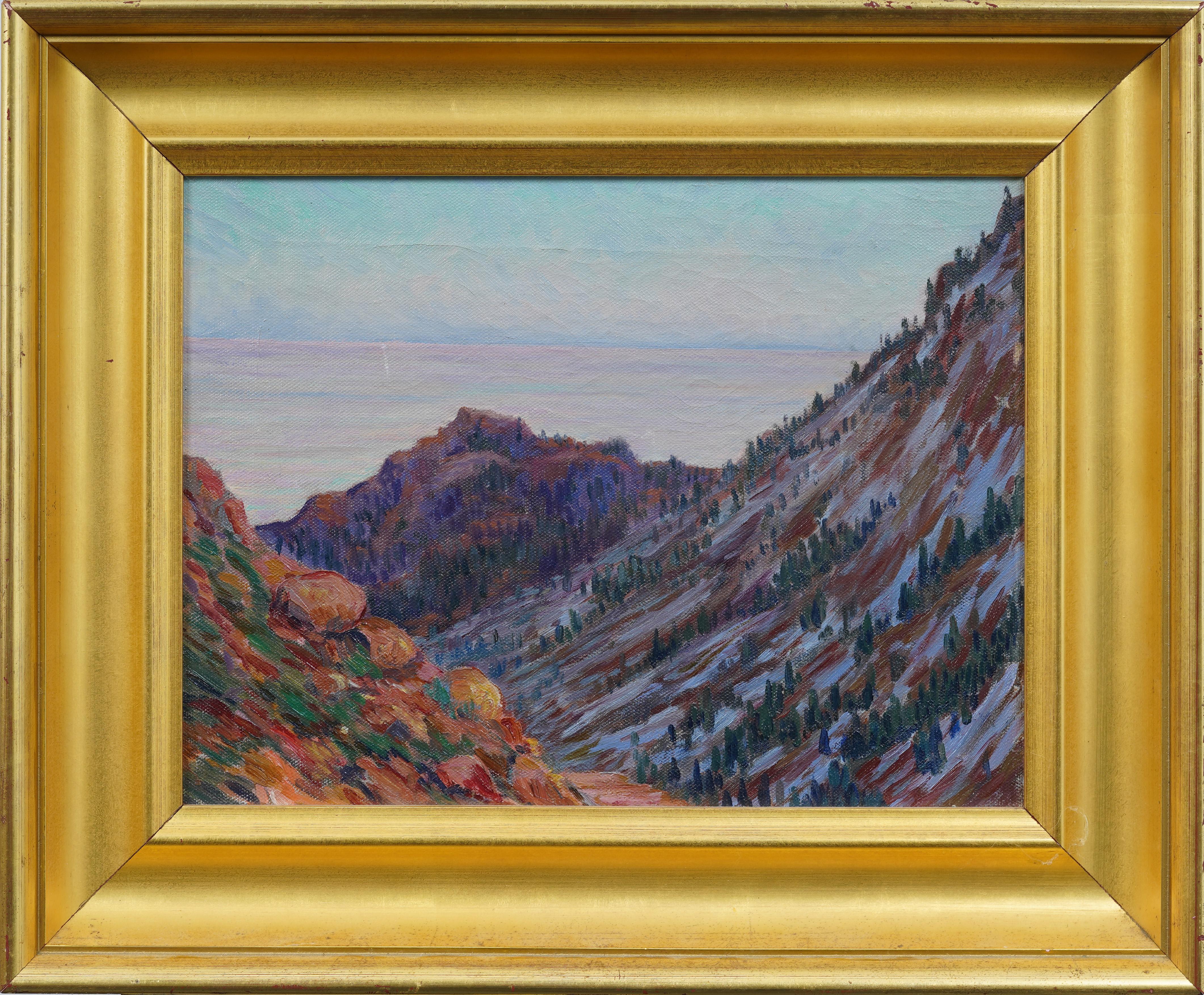 Antique American Impressionist Coastal Seascape Wide Gold Framed Oil Painting - Brown Abstract Painting by Unknown
