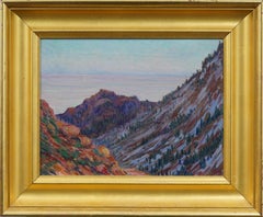 Peinture à l'huile impressionniste américaine ancienne, paysage côtier, large cadre doré