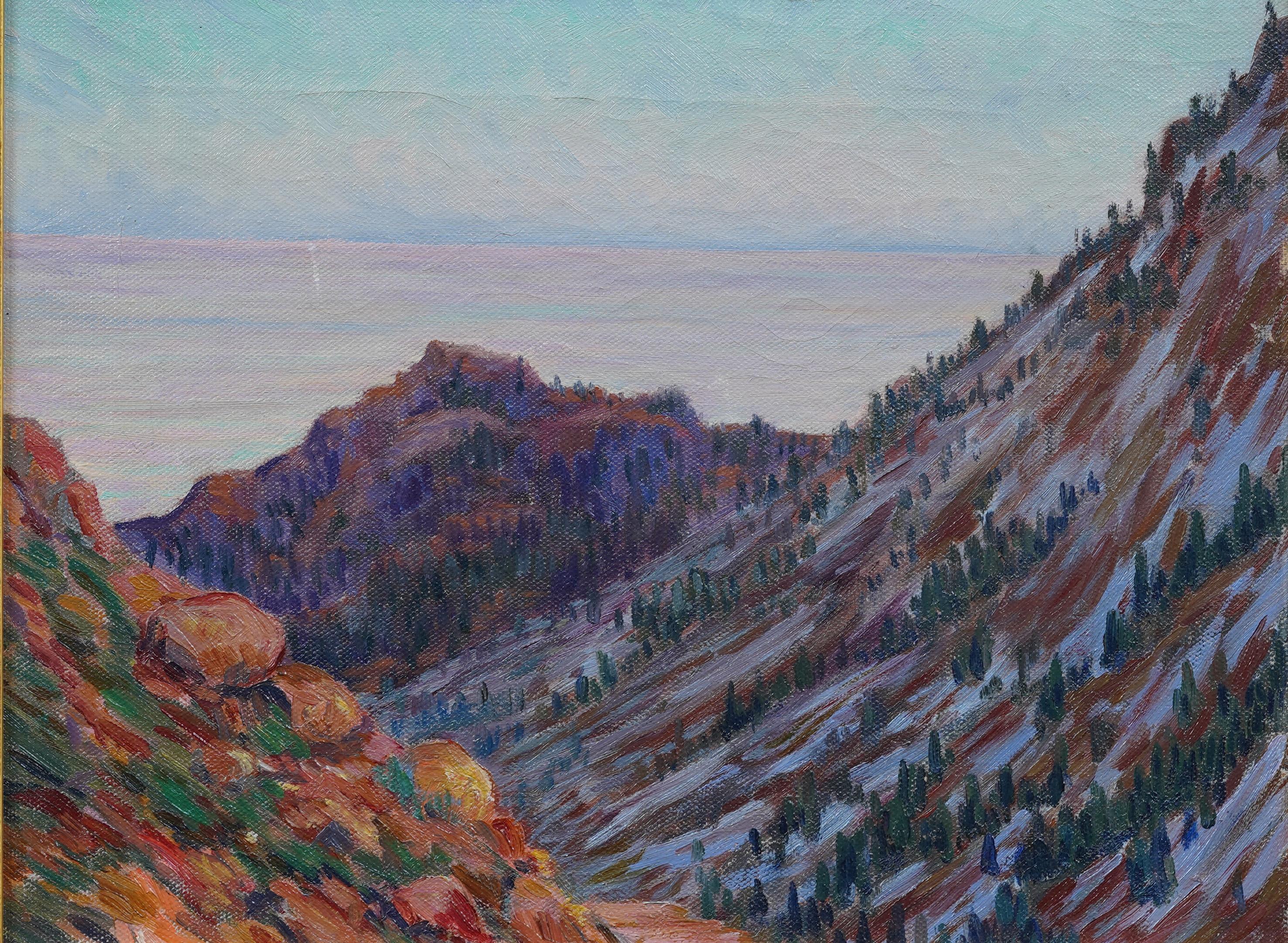 Nicely executed early 1900s American impressionist coastal seacape painting.  Oil on canvas.  In excellent original condition.  Handsomely framed in a period giltwood molding.  Excellent condition, ready to hang and enjoy. 