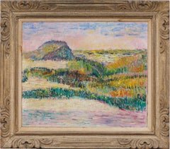 Antico dipinto impressionista americano con scena di spiaggia al tramonto e puntinismo