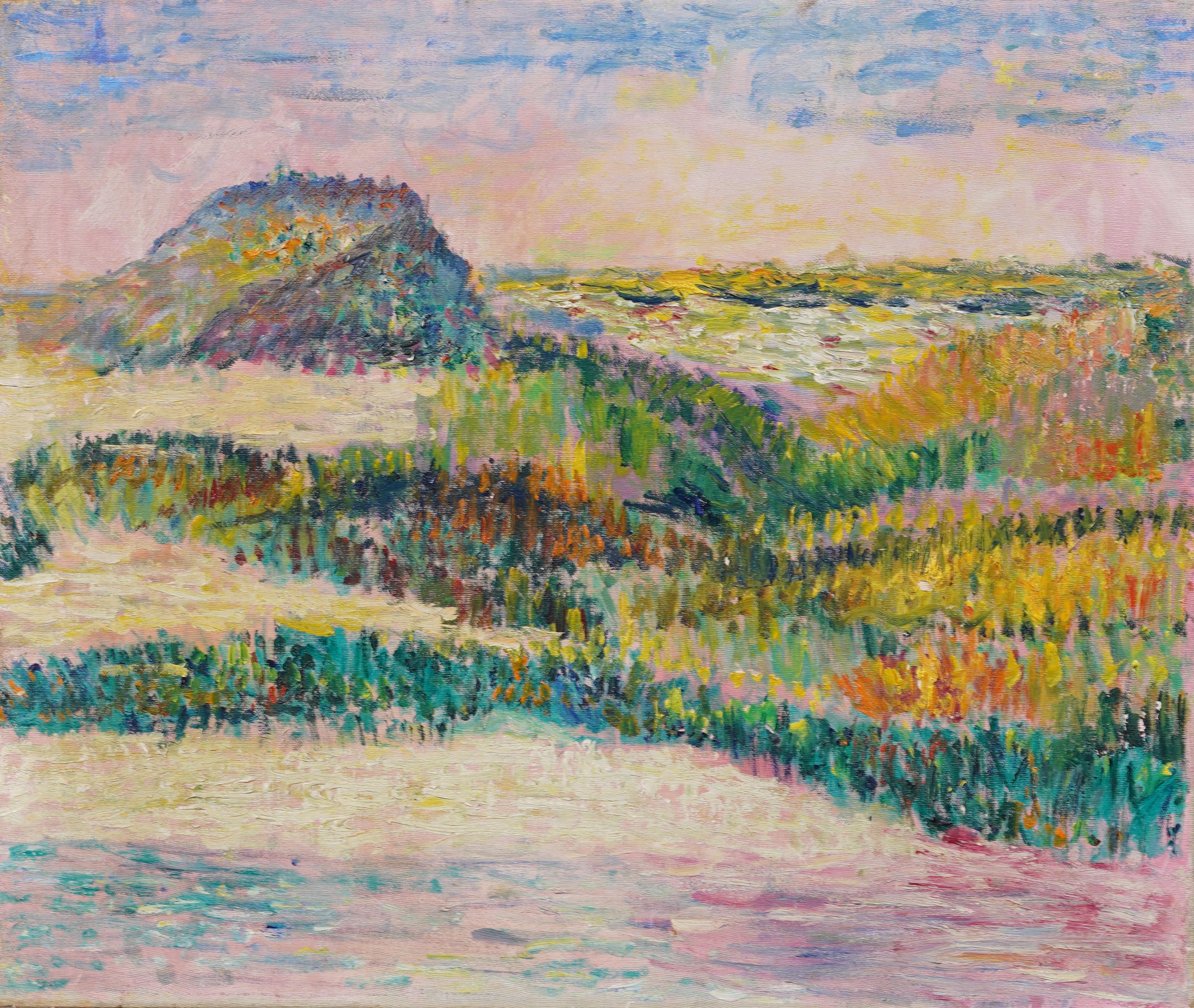 Antiguo cuadro puntillista impresionista americano Escena de playa de atardecer costero - Painting Impresionista de Unknown