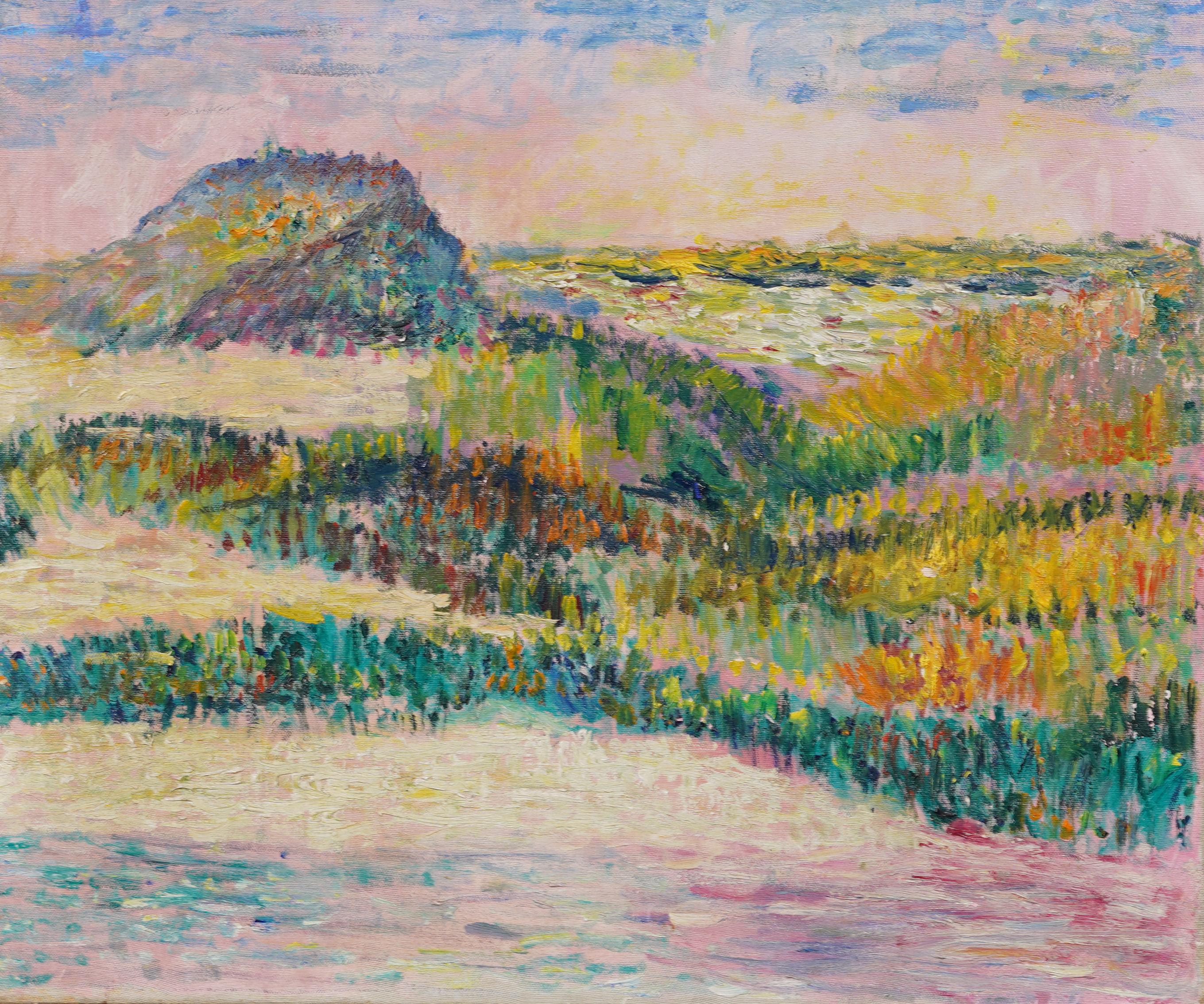 Antiguo cuadro puntillista impresionista americano Escena de playa de atardecer costero - Abstract Painting Marrón de Unknown