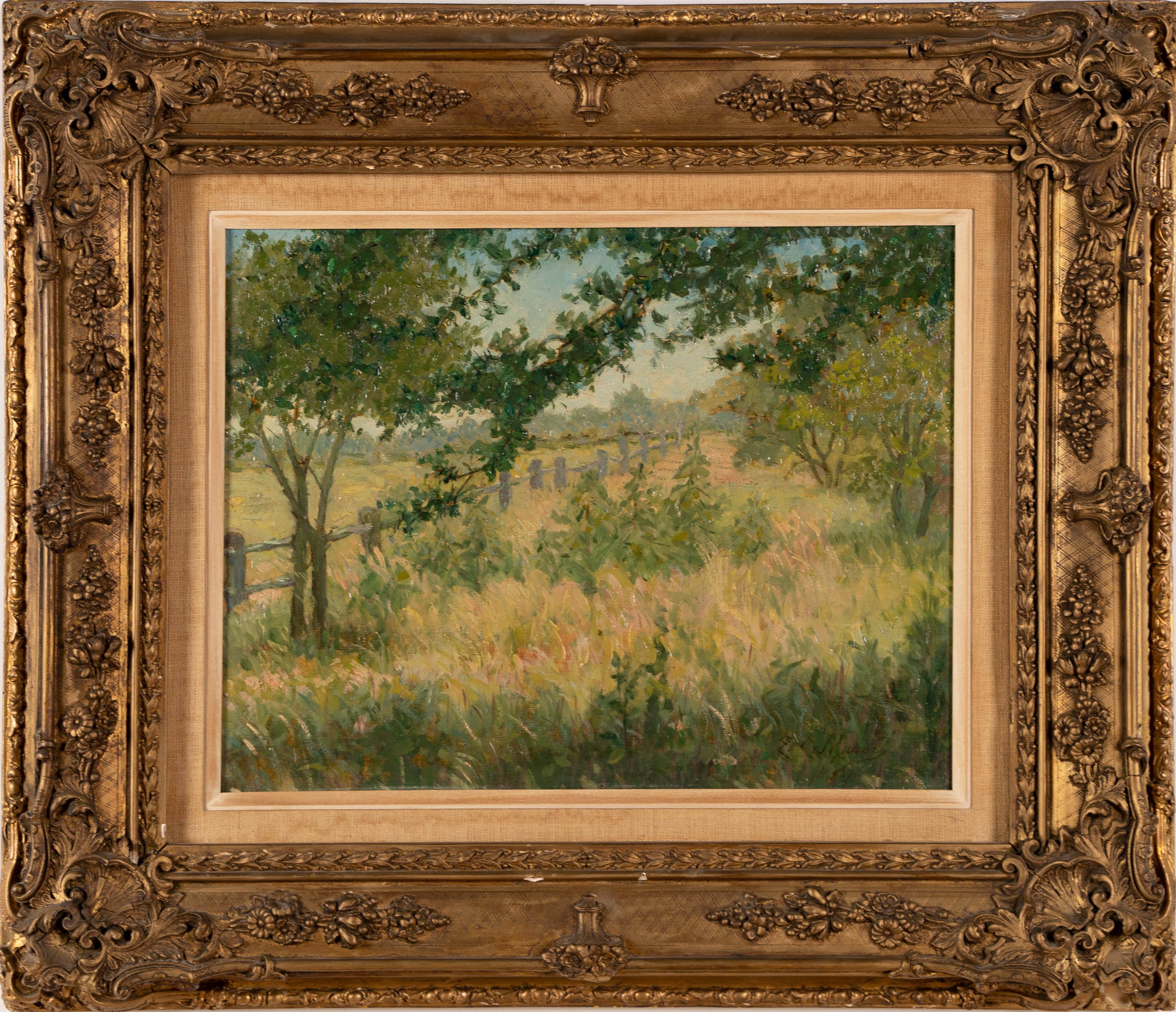 Antique American Impressionist Country Farm Bucolic Rural Landscape Oil Painting - Brown Landscape Painting by Unknown