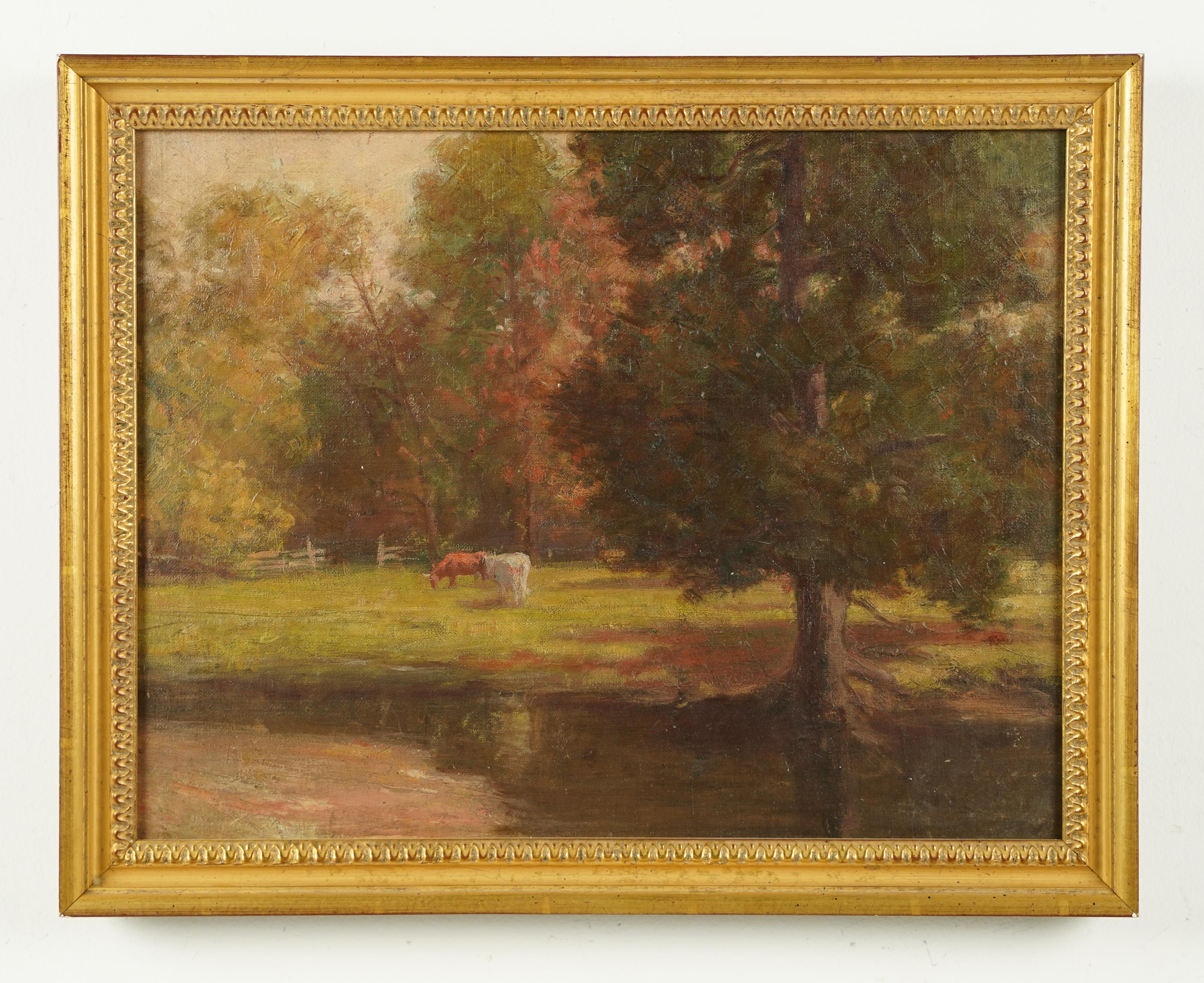 Antique American impressionist landscape oil painting.  Oil on board.  Signed.  Framed.  Image size, 17L x 13H.