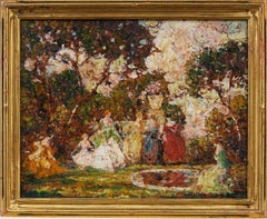 Peinture à l'huile ancienne, encadrée, de style impressionniste américain, Elegant Woodland Party