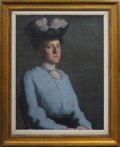 Antico Impressionista Americano Giovane Donna Espressiva Dipinto ad Olio Ritratto