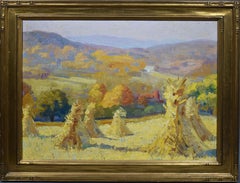 gustave cariot Antique American Impressionist Fall Haystack New England River 1920 Oil Painting