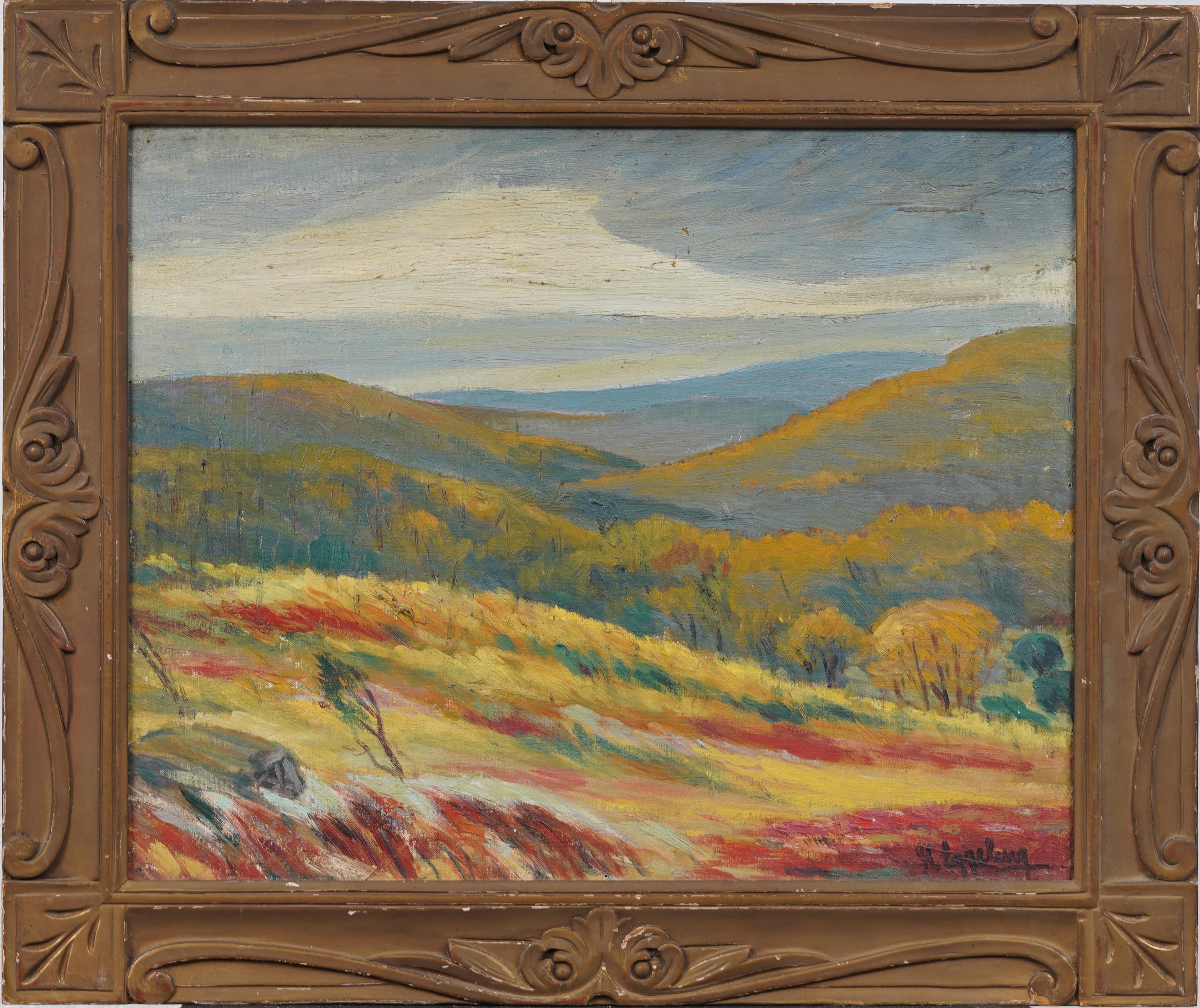 Antiguo paisaje impresionista americano de las colinas otoñales Pintura al óleo enmarcada y firmada - Painting de Unknown