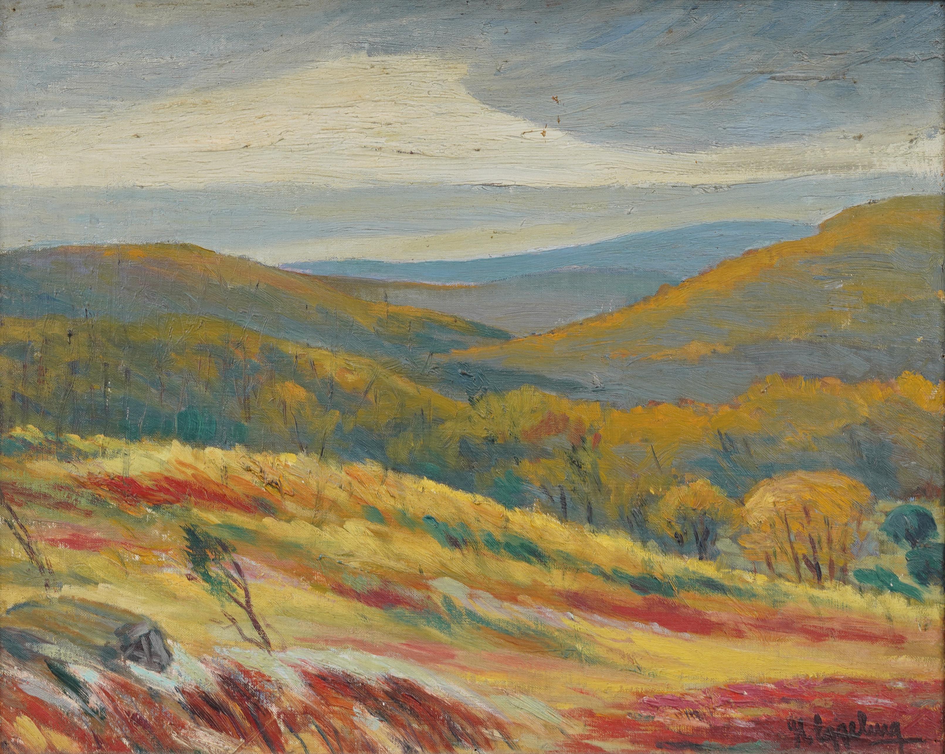 Antiguo paisaje impresionista americano de las colinas otoñales Pintura al óleo enmarcada y firmada - Painting Impresionista de Unknown