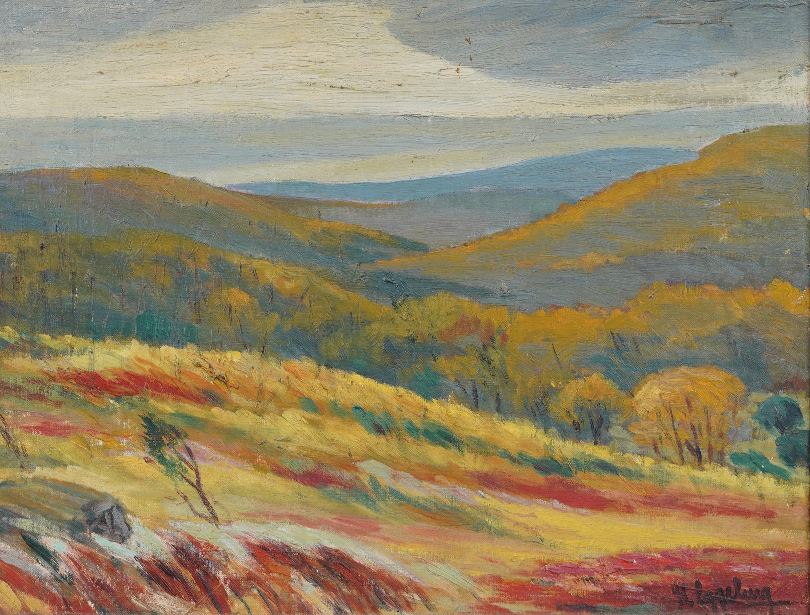Antiguo paisaje impresionista americano de las colinas otoñales Pintura al óleo enmarcada y firmada - Abstract Painting Marrón de Unknown