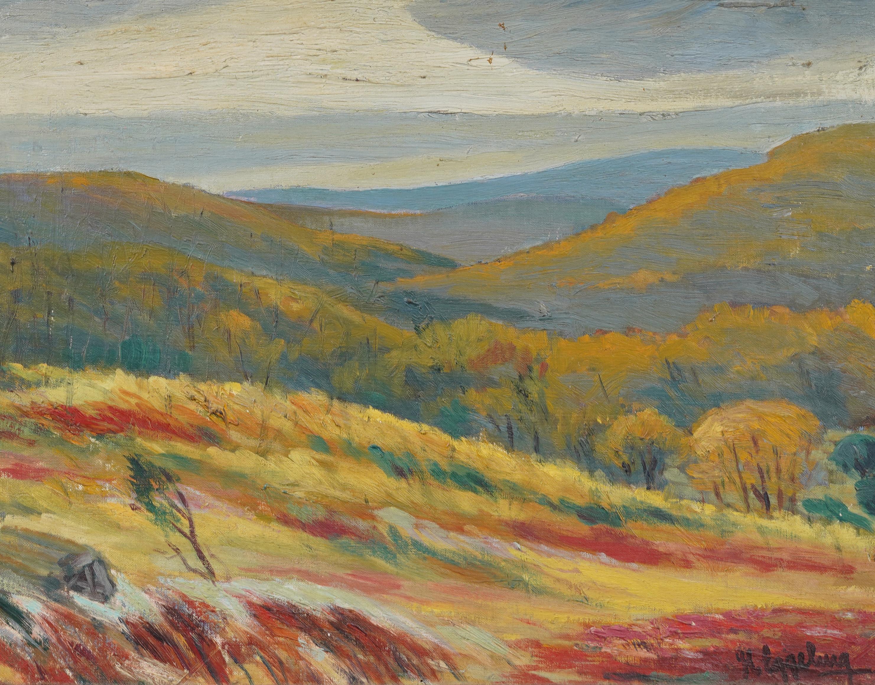 Óleo de paisaje impresionista americano temprano muy bien pintado.  Enmarcado.  Óleo sobre tabla.  Firmado. 