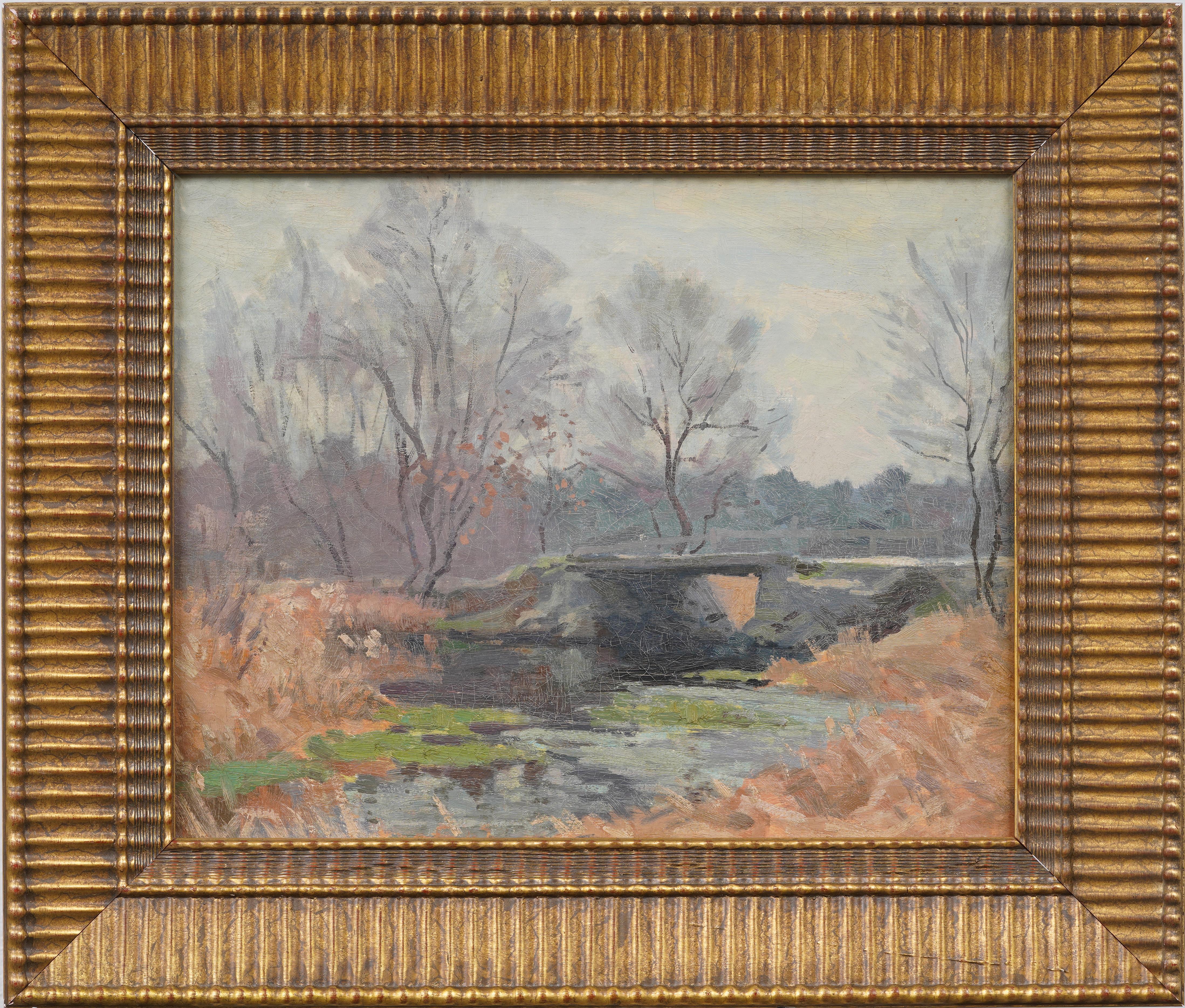 Antico paesaggio d'autunno impressionista americano, dipinto ad olio con cornice in legno dorato - Painting di Unknown