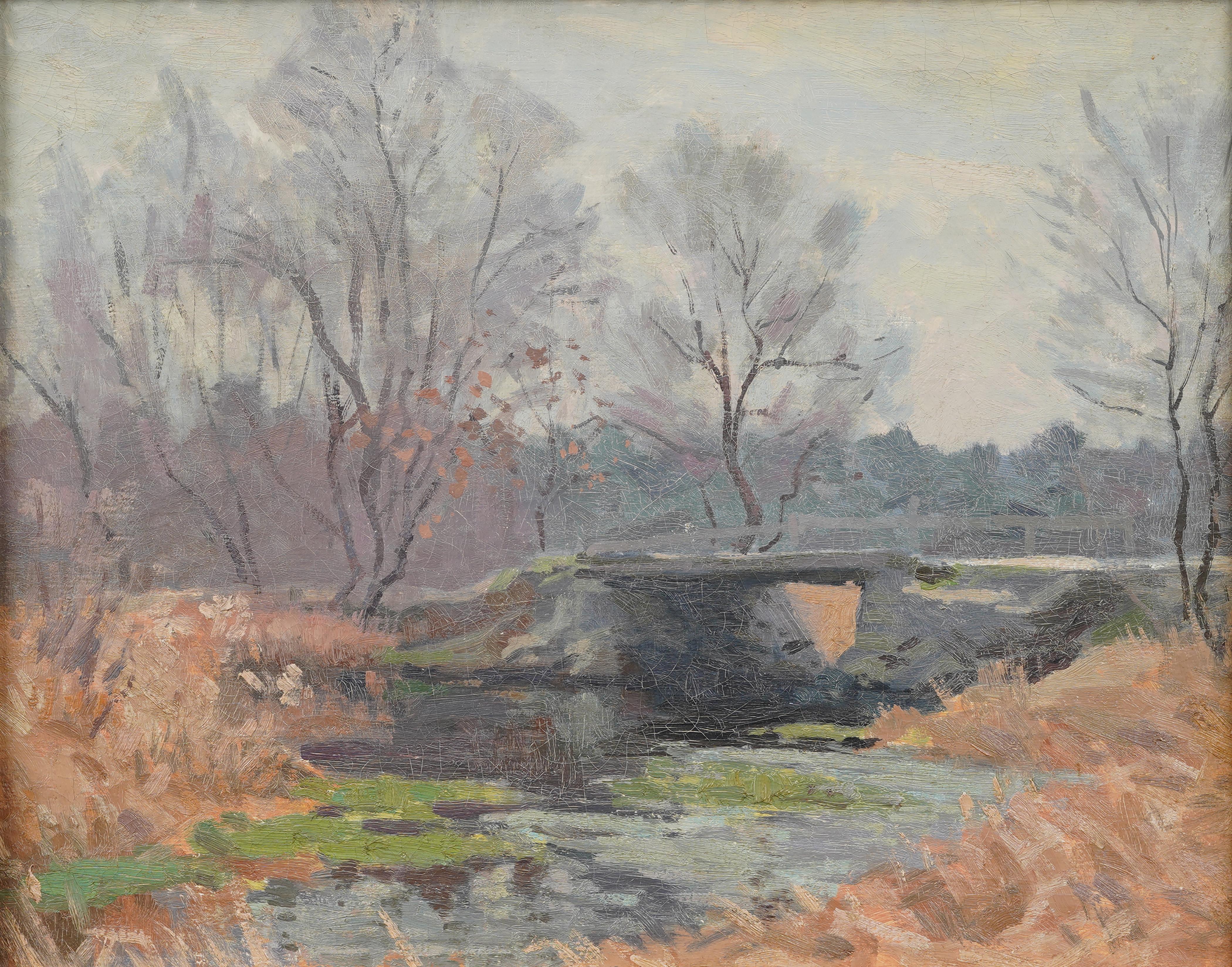 Antico paesaggio d'autunno impressionista americano, dipinto ad olio con cornice in legno dorato - Painting Impressionismo di Unknown