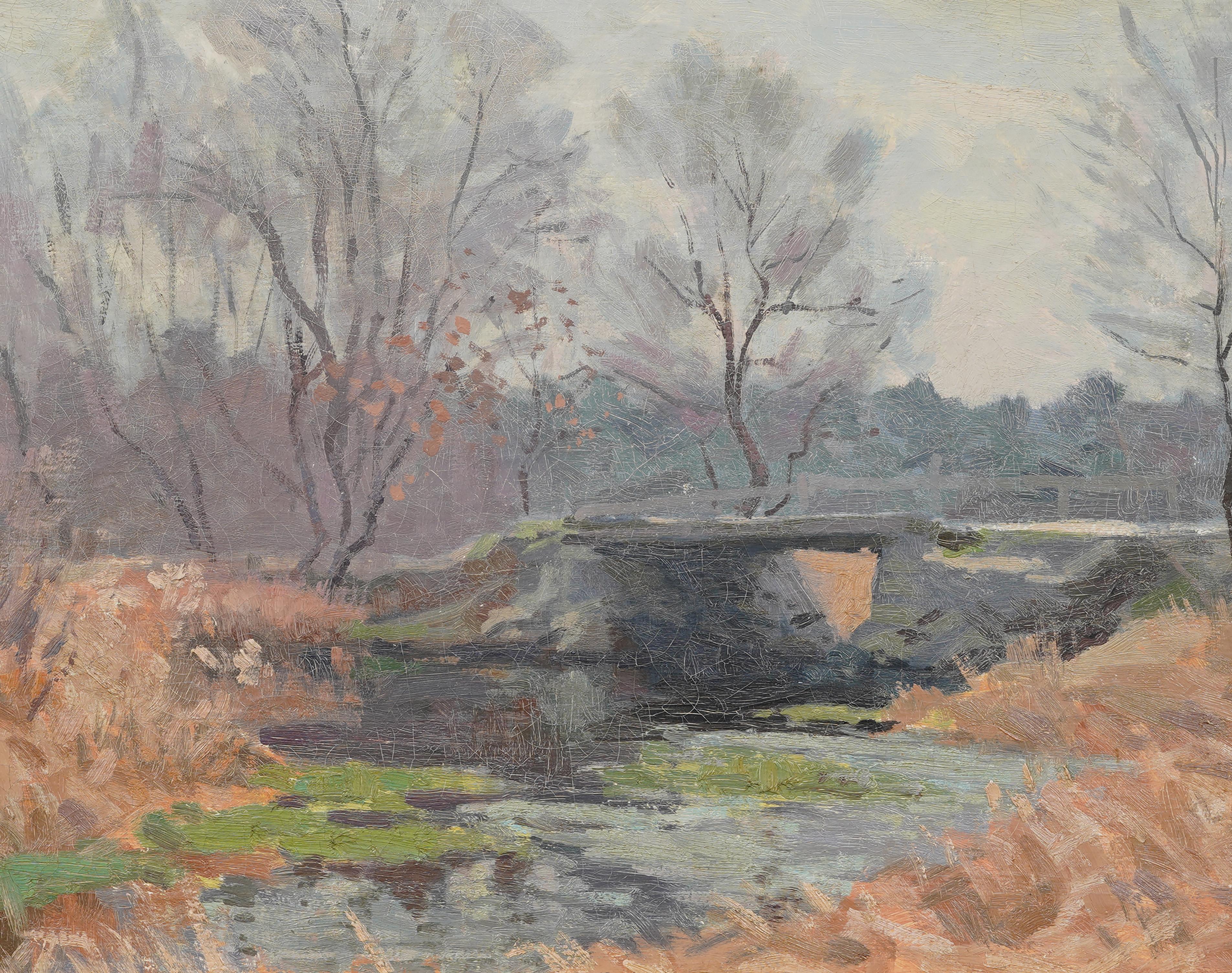Antico paesaggio d'autunno impressionista americano, dipinto ad olio con cornice in legno dorato - Landscape Painting Marrone di Unknown