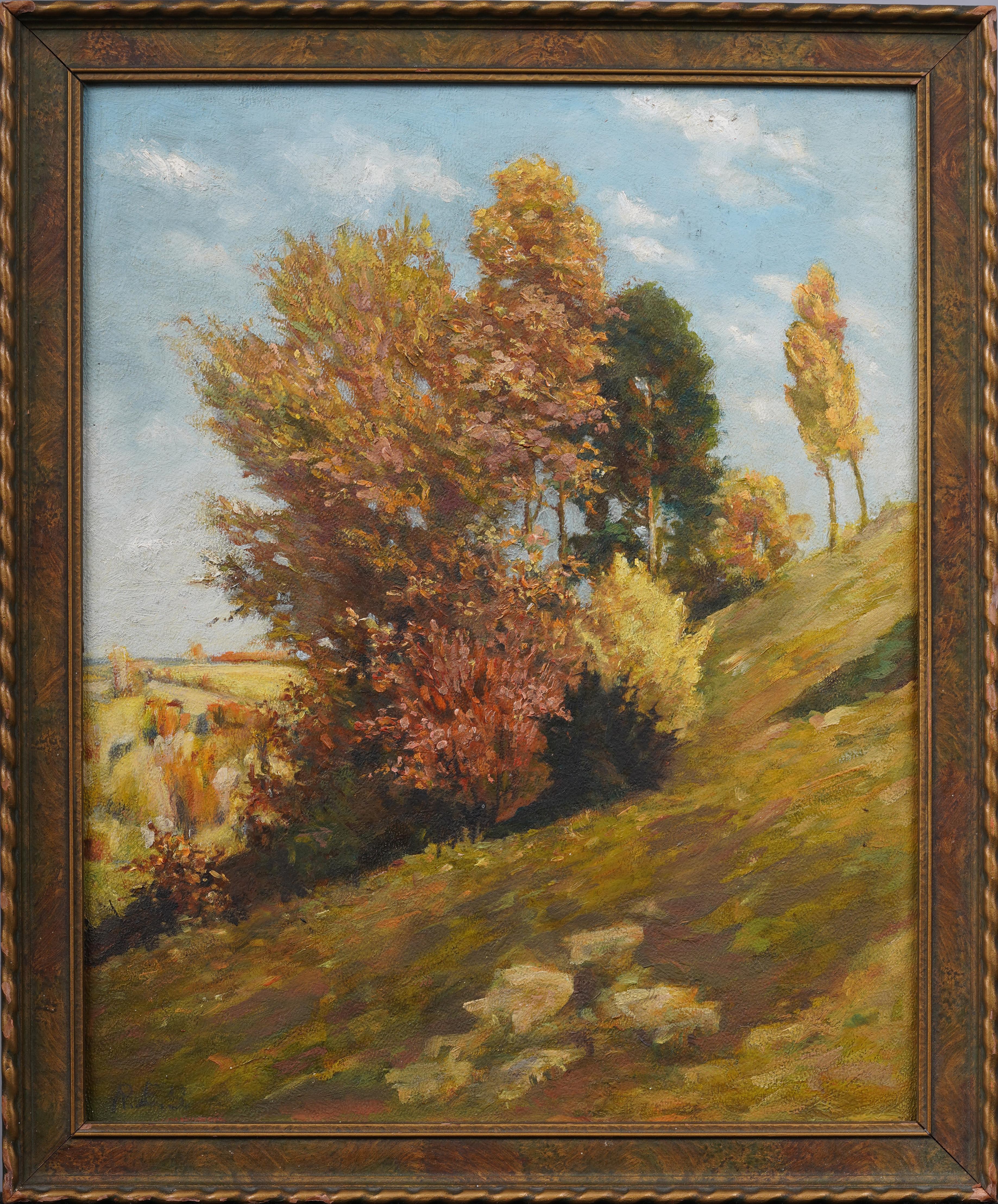Antiguo paisaje otoñal impresionista americano Pintura de Nueva Inglaterra enmarcada y firmada - Painting de Unknown