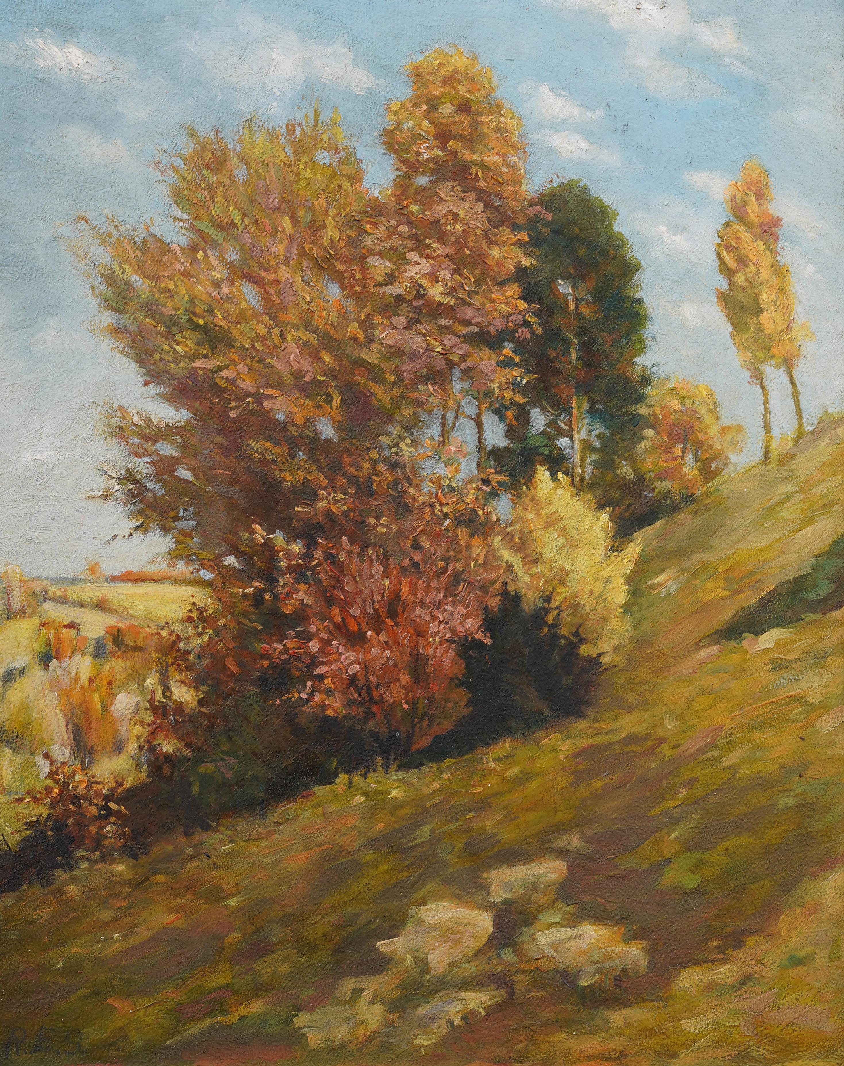 Antiguo paisaje otoñal impresionista americano Pintura de Nueva Inglaterra enmarcada y firmada - Landscape Painting Marrón de Unknown