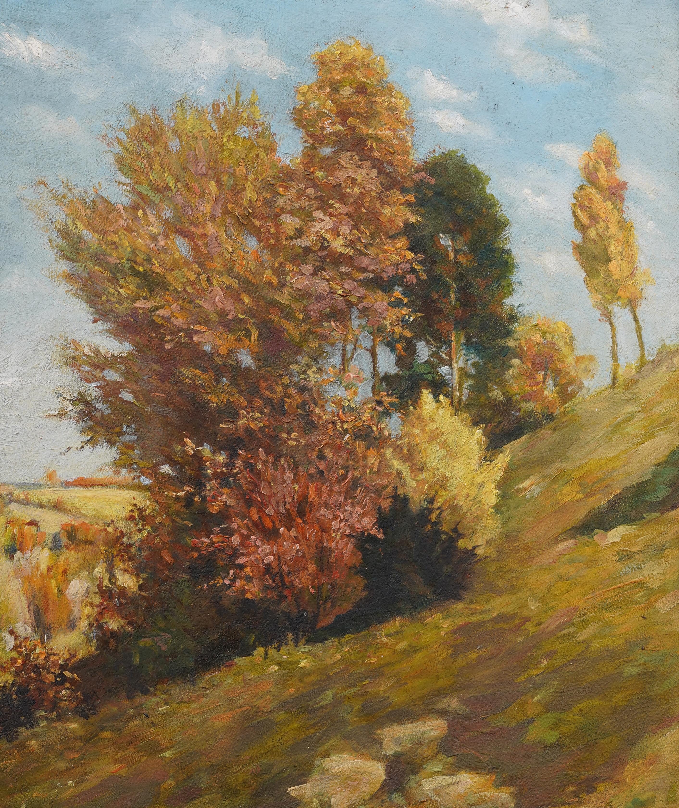 Impresionante óleo de paisaje impresionista americano temprano.  Enmarcado.  Óleo sobre tabla.  Firmado en monograma.  Tamaño de la imagen, 12H por 16L.